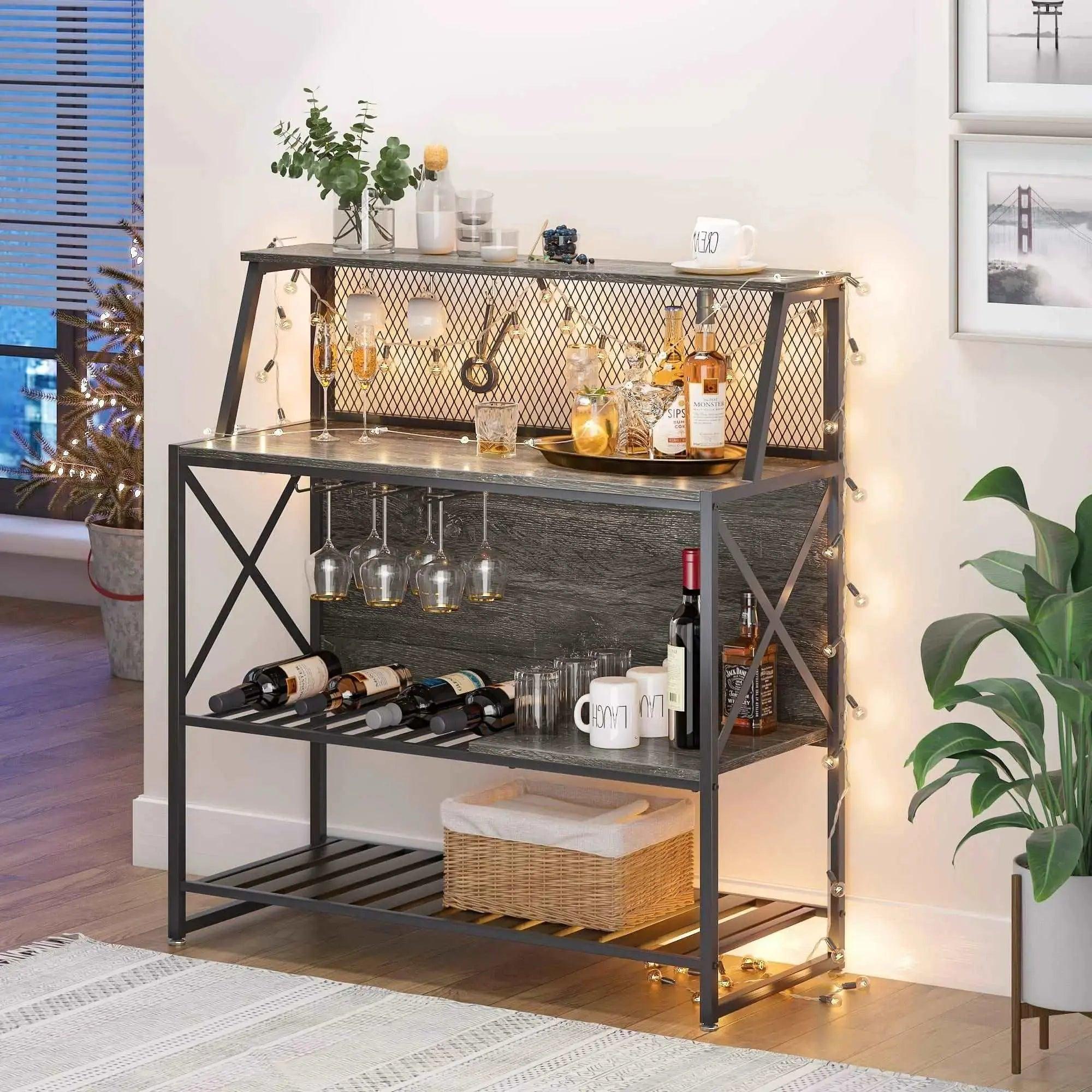 Bestier Coffee Bar Storage Cabinet with Mesh Panel and Wine Rack - Stylish Kitchen Organizer for Coffee, Wine & Bar Essentials - Perfect for Home, Office or Cafe Use