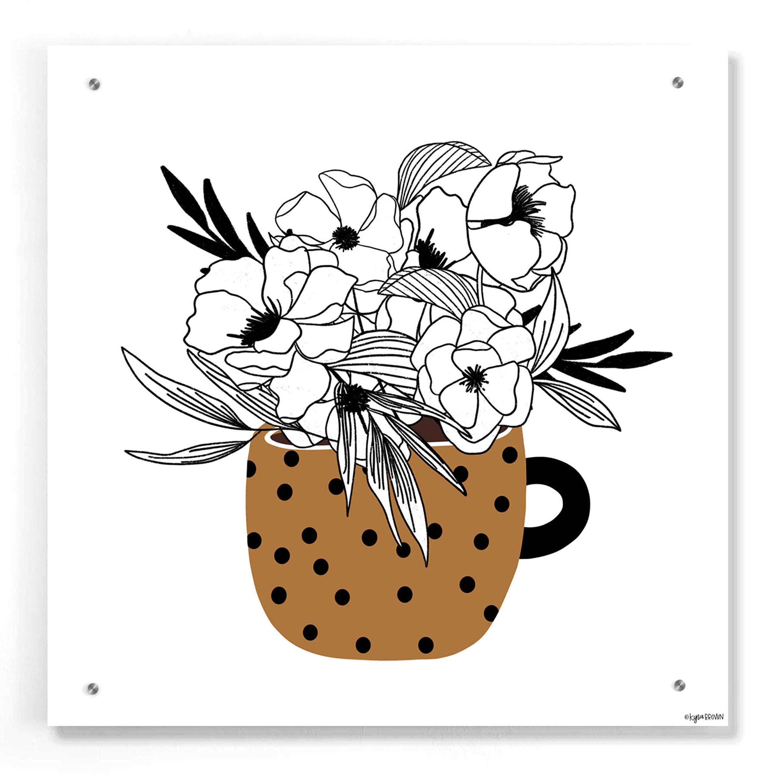 Kyra Brown Mustard Flower Mug Acrylic Glass Wall Art - 24x24 Inches, Modern Home Decor for Living Room, Bedroom & Office