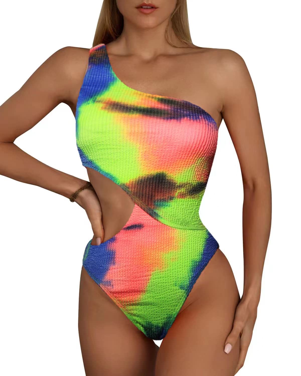 Limeeke Women's One Shoulder Cutout Monokini Swimsuit - Sexy Ribbed One Piece Bathing Suit for Beach, Pool Party & Summer Vacation