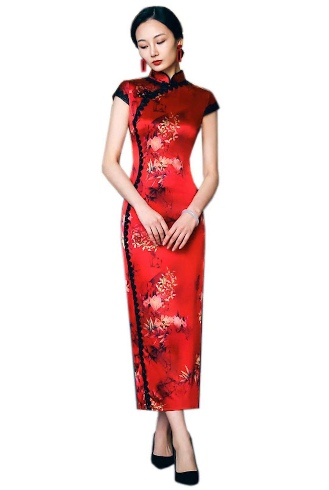 Elegant Red Qipao Dress for Women - Silk Fabric with Traditional Floral Print & Lace Decoration - Perfect for Weddings, Parties & Special Occasions