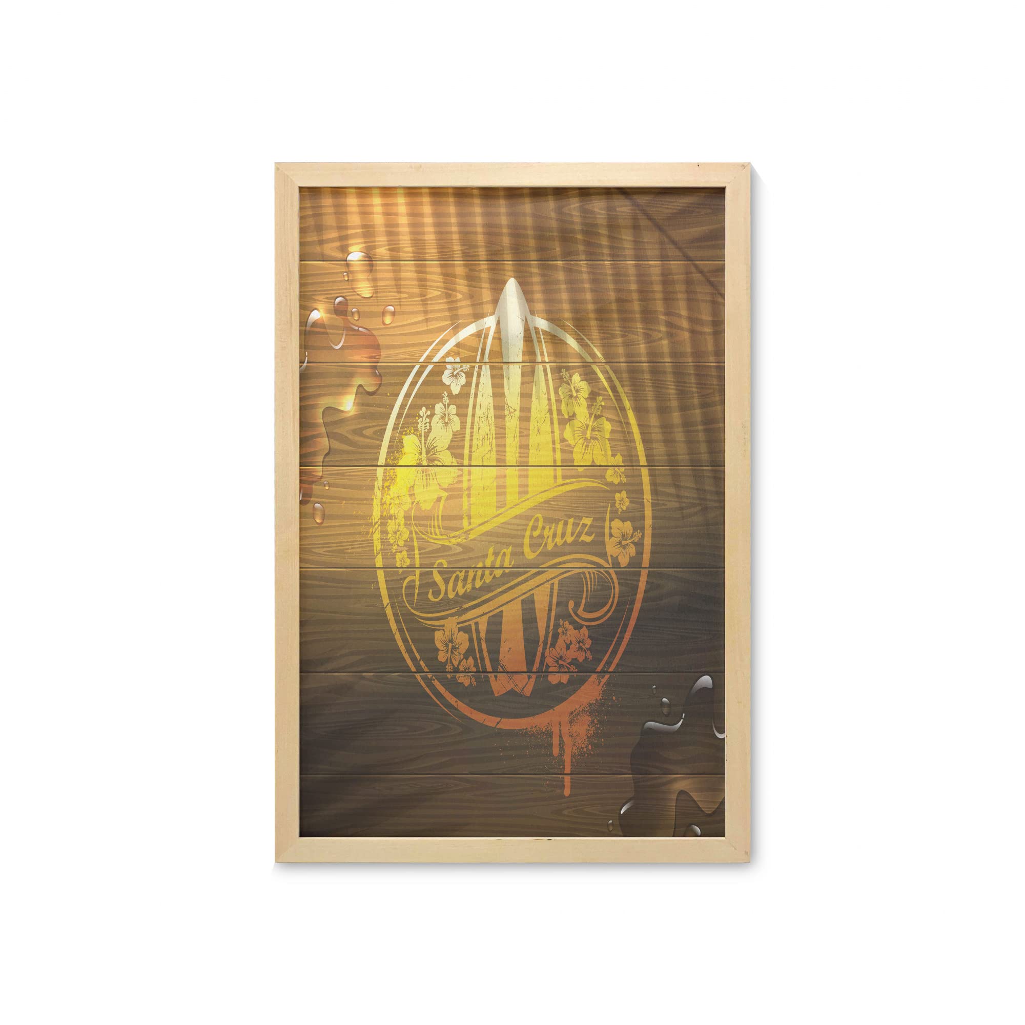 Ambesonne Framed Surf Wall Art - Floral Surfboard Riding Ocean Waves Print - 23x35 Inch Fabric Poster for Beach House, Bathroom, Living Room & Dorm Decor - Brown Yellow Orange Coastal Theme