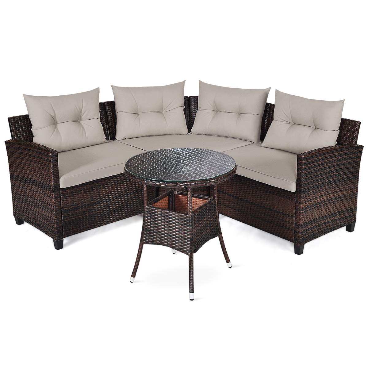 HAPPYGRILL 4-Piece Curved Outdoor Rattan Sofa Set with Coffee Table & Cushions - Modern Wicker Patio Furniture Conversation Set for Garden, Poolside, Balcony, Backyard & Outdoor Lounge Areas