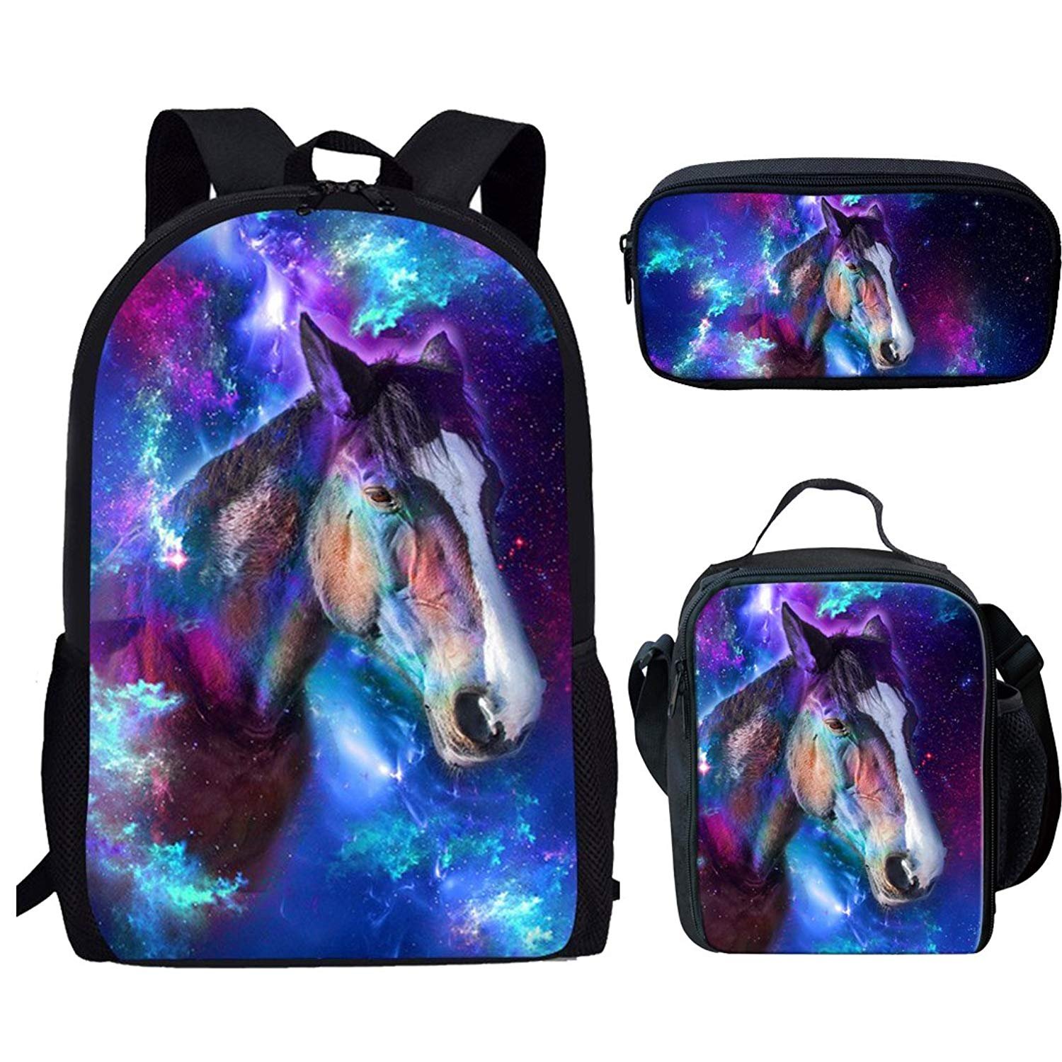 FOR U DESIGNS 3-Piece Universe Horse Backpack Set for Women & Teen Girls - Stylish High School Backpack with Matching Accessories | Perfect for School, Travel & Daily Use