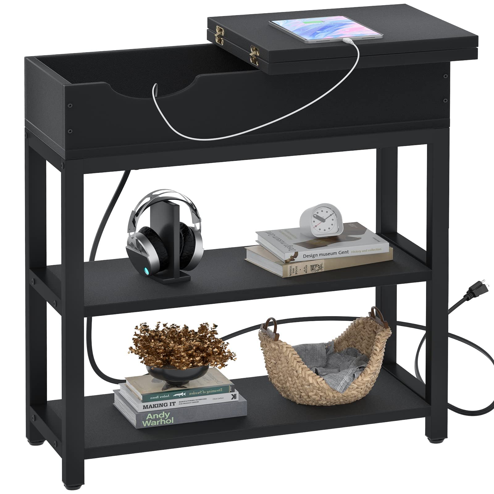 Aheaplus Narrow End Table with USB Ports & Outlets - Flip Top Side Table with Storage Shelves, Metal Frame Nightstand for Small Spaces - Perfect for Living Room, Bedroom or Office - Black