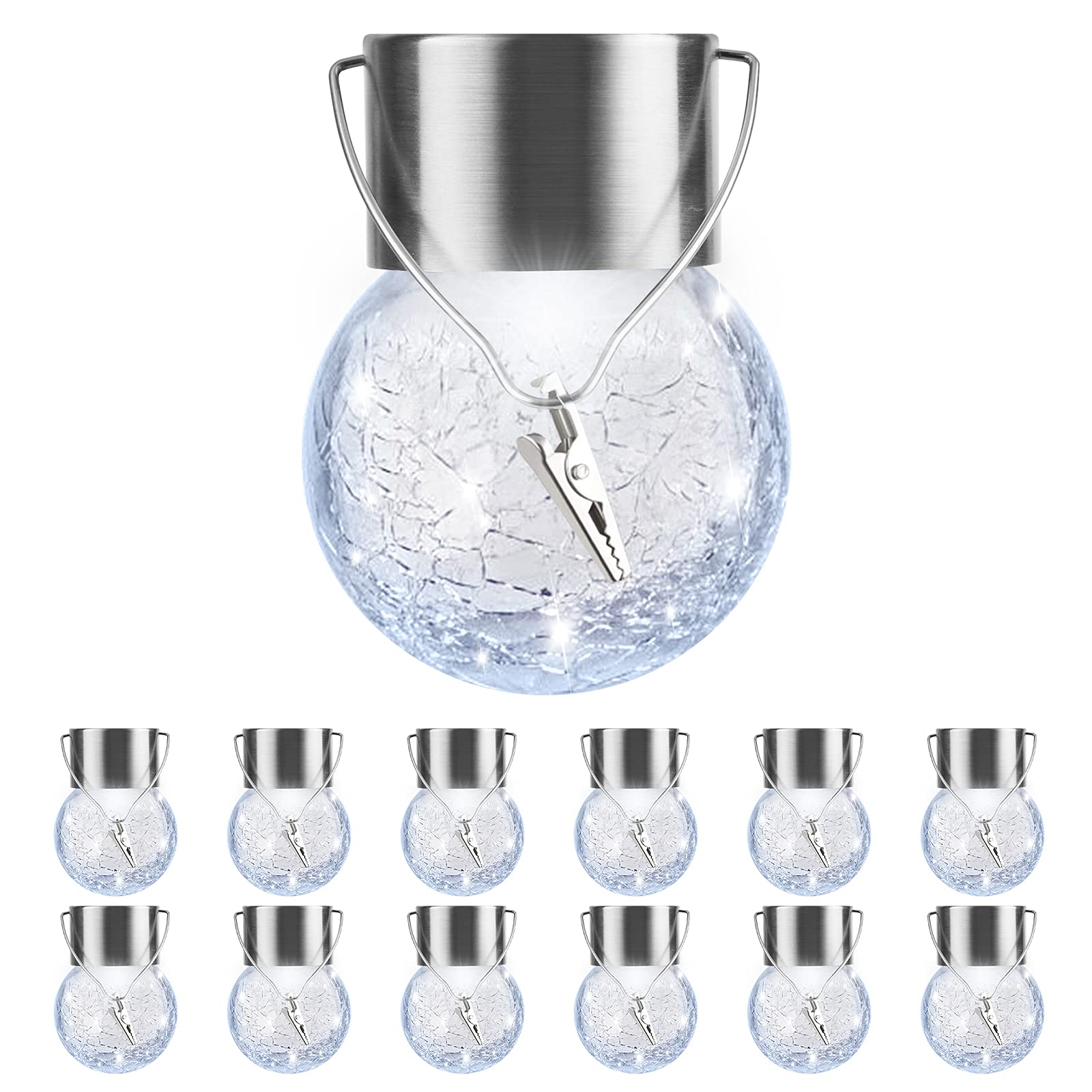 12 Pack Hanging Solar Lights Outdoor - Waterproof Cracked Glass Ball Lanterns with Handle & Clip | Cold White Solar Globe Lights for Christmas Decor, Garden, Patio, Yard & Tree Decorations | Perfect for Holiday Lighting, Backyard Parties & Pathway Illumination