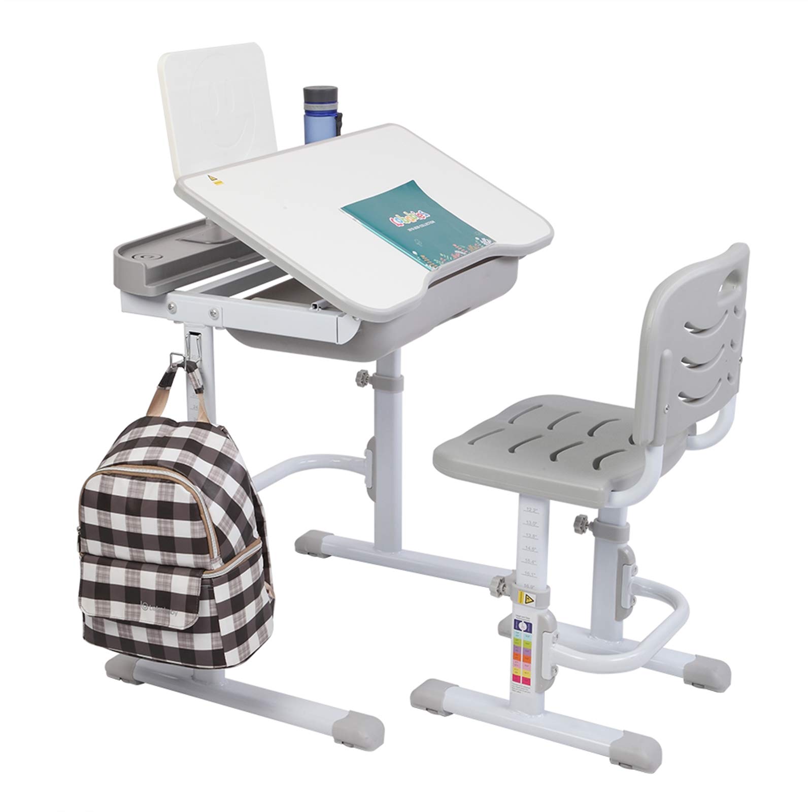 Adjustable Kids Study Desk and Chair Set for Ages 6-12 - Ergonomic Height & Angle Adjustable Children's Desk with Storage Drawer & Metal Hook - Perfect for Homeschooling, Online Learning & Bedroom Study Space