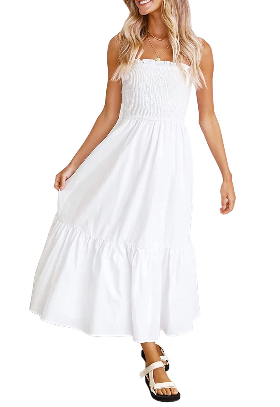 Seoky Rop Women's Summer Smocked Tube Top Dresses - Strapless Boho Midi Dress for Beach Party, Vacation & Casual Outings | Flowy & Comfortable