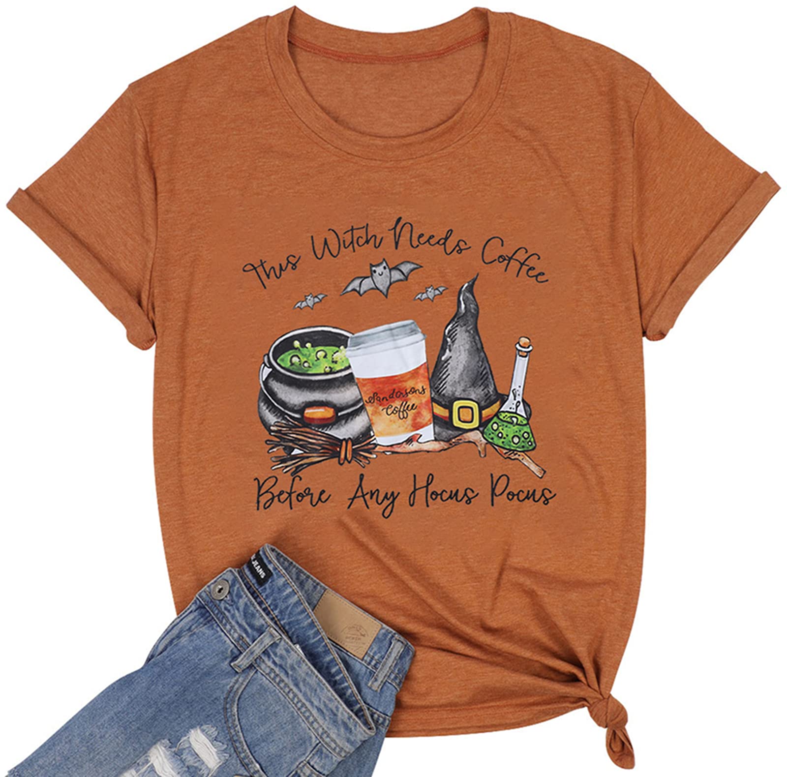 Witch Halloween T-Shirt for Women - 'This Witch Needs Coffee Before Any Hocus Pocus' Graphic Tee - Cute Witch Costume & Casual Fall Top - Perfect for Halloween Parties, Cosplay & Everyday Wear