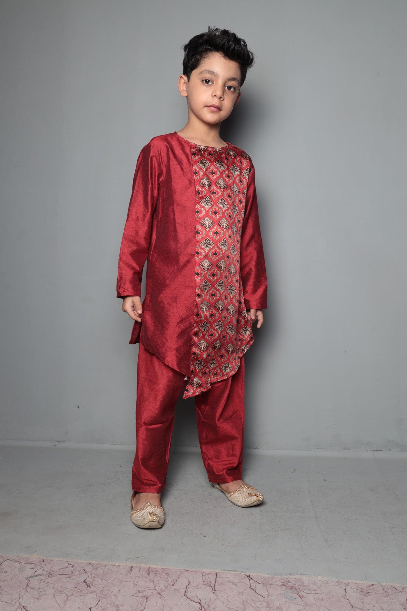 Pre Order: Stylish Brick Red Printed Kurta & Churidar Set with Matching Mask - Perfect for Indian Festivals, Weddings & Cultural Events