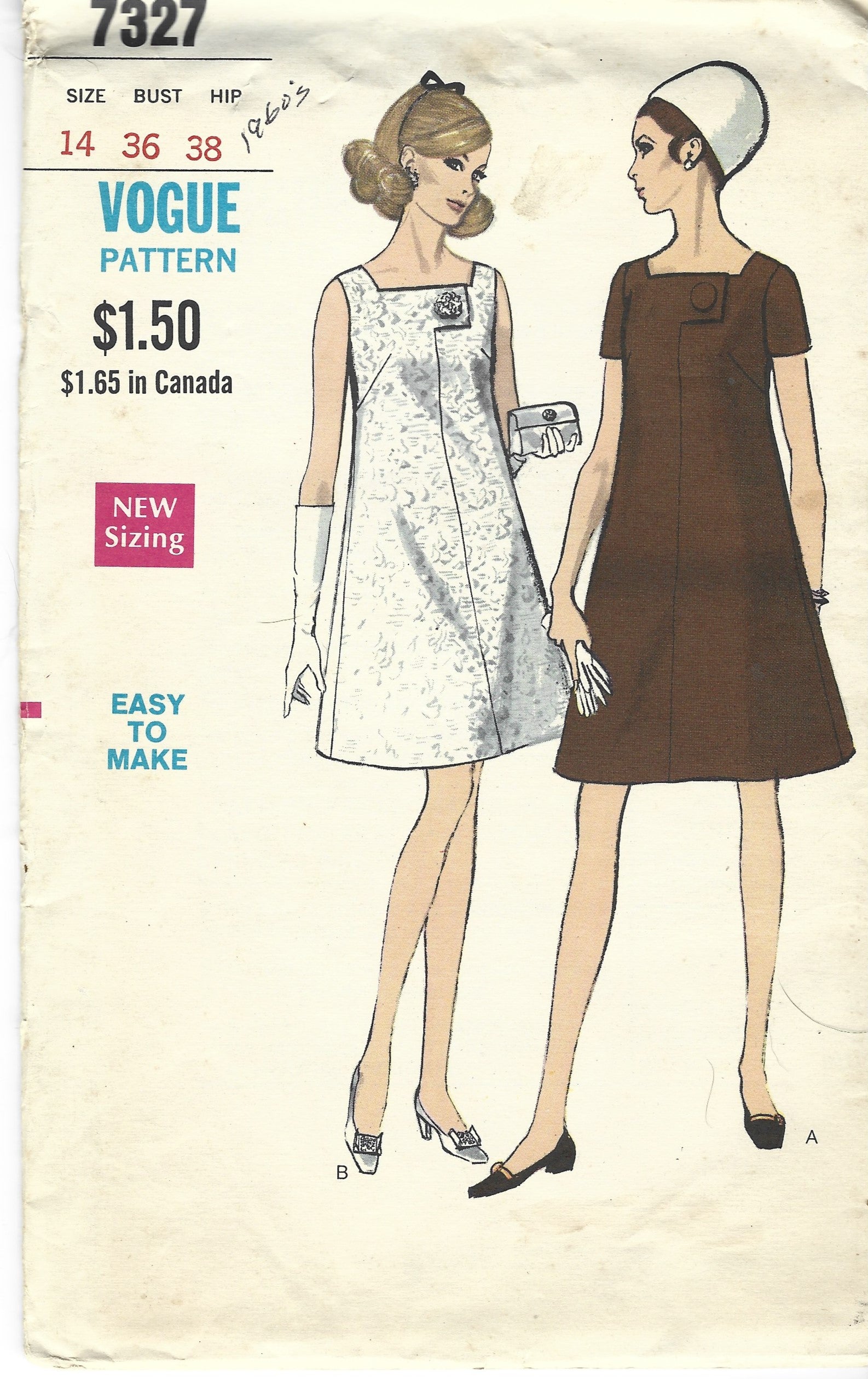 Vintage 1960s Ladies Dress Sewing Pattern - Vogue 7327 Square Neckline Design for Retro Fashion & Costume Making