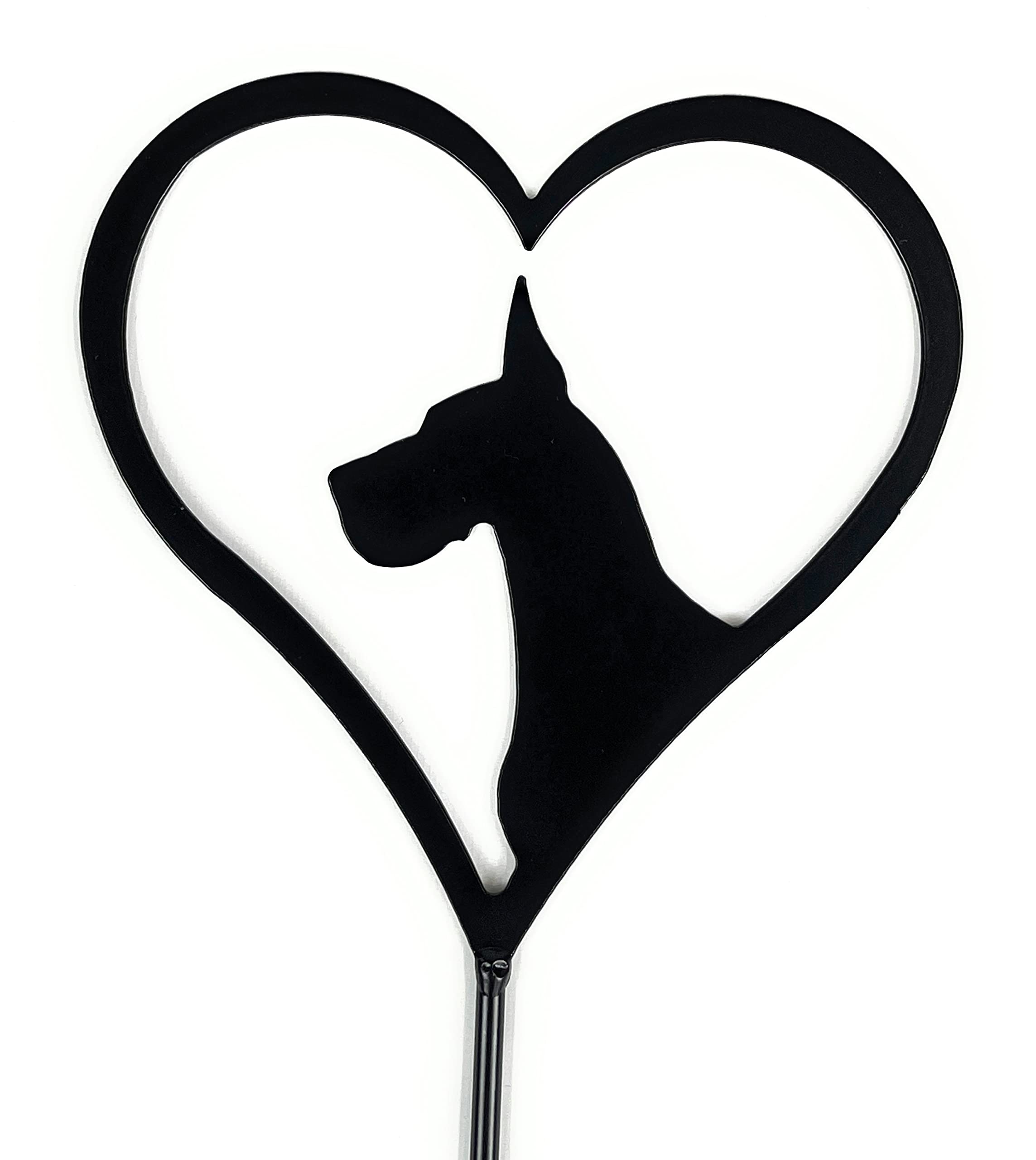 Great Dane Silhouette Metal Art - Heart Shaped Powder Coated Black Yard Stake, Grave Marker, Garden Decoration, Pet Memorial Gift