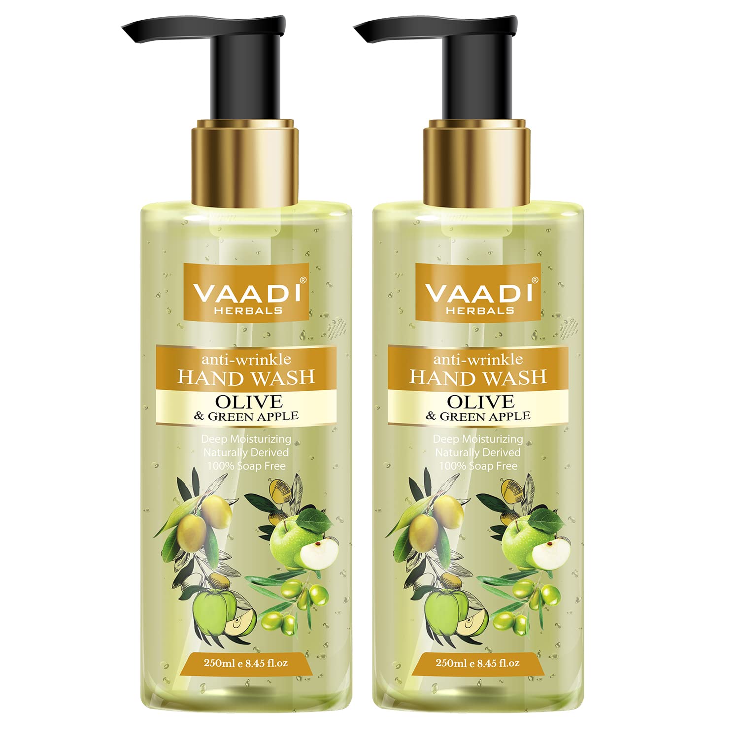Vaadi Herbals Anti-Wrinkle Hand Wash with Olive & Green Apple Extract - 250ml (Pack of 2) | Moisturizing & Age-Defying Formula for Soft, Youthful Hands | Perfect for Daily Use at Home, Office, or Travel