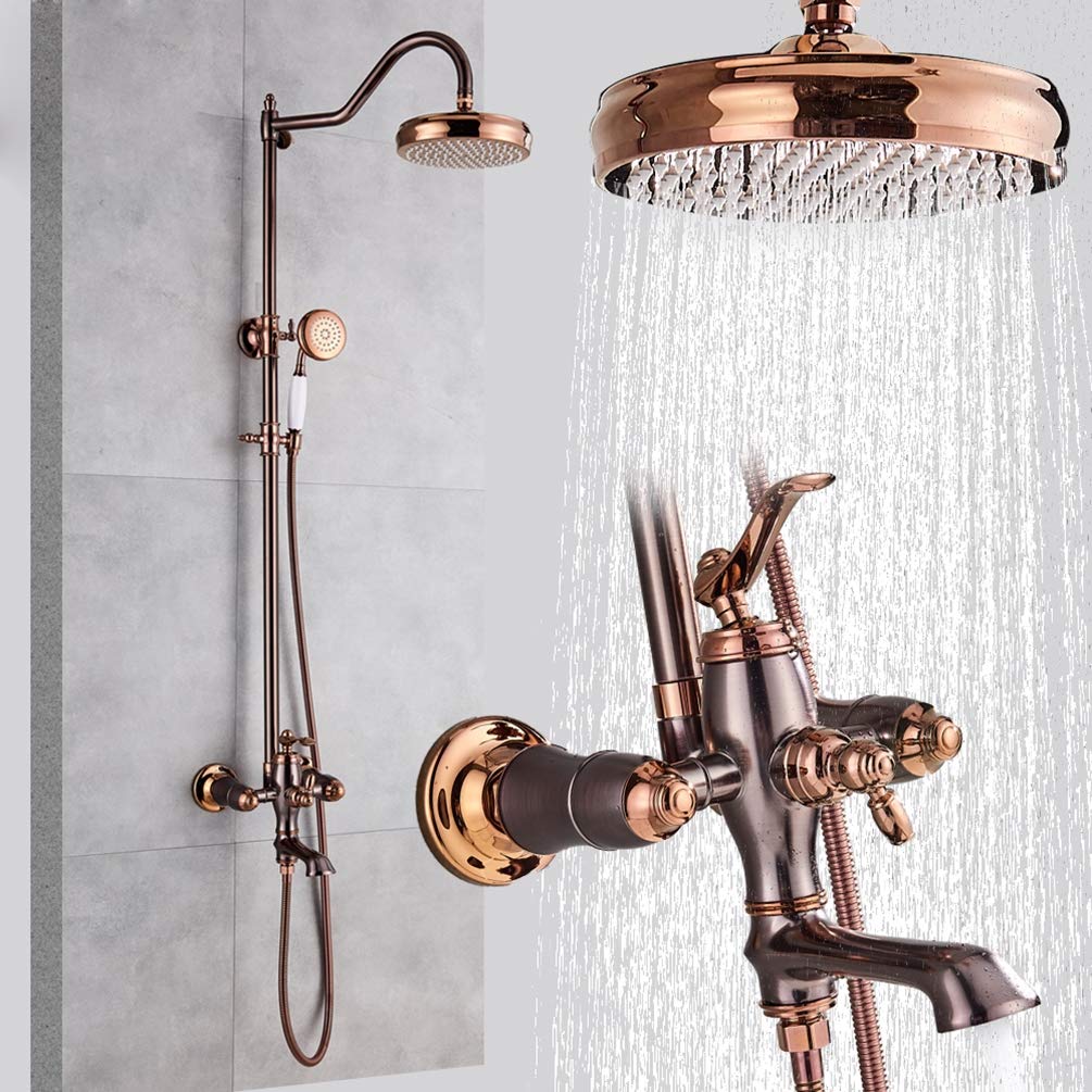 Oil Rubbed Bronze Shower Faucet System - Rainfall Showerhead & Rose Gold Mixer Set with Swivel Spout for Modern Bathroom - Perfect for Spa-Like Relaxation & Luxury Bathing Experience