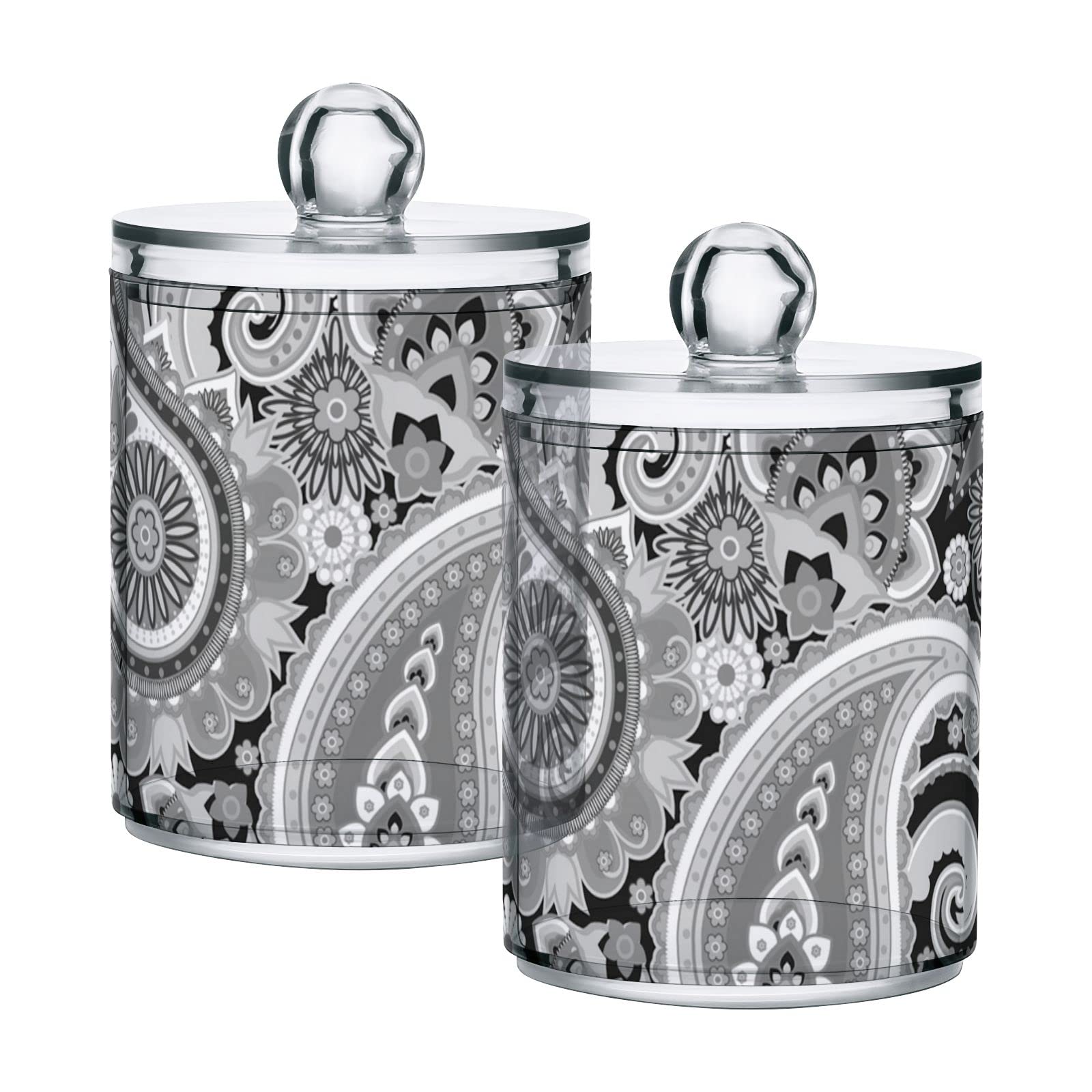 Traditional Asian Paisley Floral Design Black & White Plastic Storage Jars with Lids - Set of 2 (10 oz) | Translucent Food Containers for Tea, Cookies, Cotton Swabs | Perfect for Pantry Organization, Bathroom Storage & Kitchen Canning