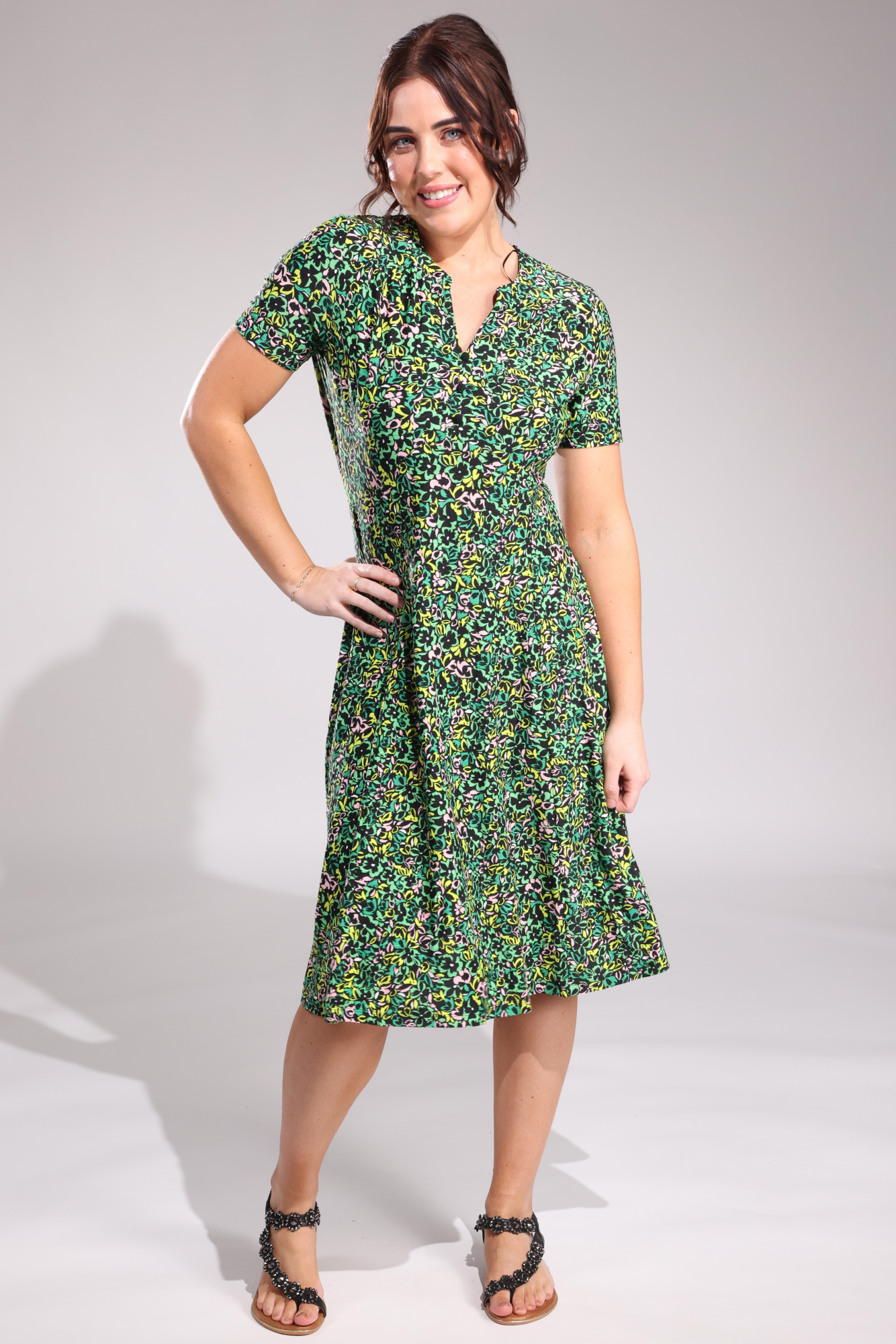Floral Printed Slinky Dress for Women - Green & Pink Flower Design | Stretchy Bodycon Dress for Party, Night Out, or Date Night | Fashionable & Comfortable Fit