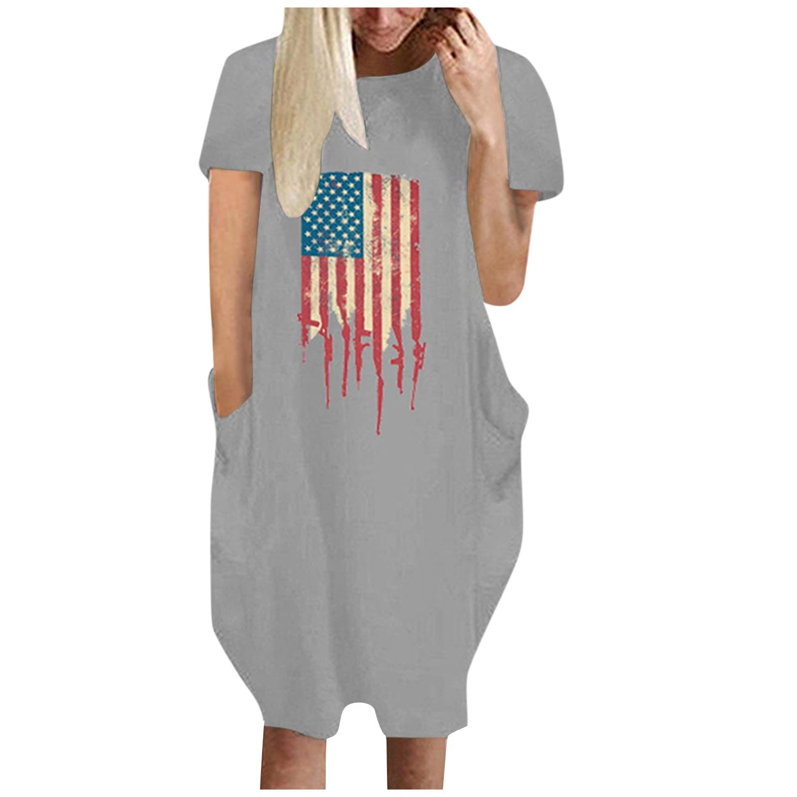 Women's Casual Short Sleeve Printed Dress with Round Neck and Pockets - Perfect for 4th of July, Summer Outfits, and Beach Vacations
