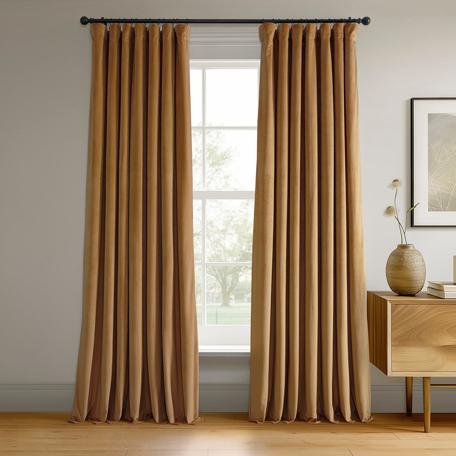 Luxury Amber Gold Signature Velvet Blackout Curtains - Thermal Insulated, Noise Reducing, Room Darkening Drapes for Bedroom, Living Room & Nursery - Elegant Home Decor & Light Blocking Window Treatment