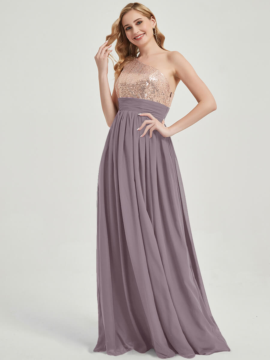 Elegant One Shoulder Sleeveless Chiffon Sequin Maxi Bridesmaid Dress - Perfect for Weddings, Prom, Evening Parties & Formal Events