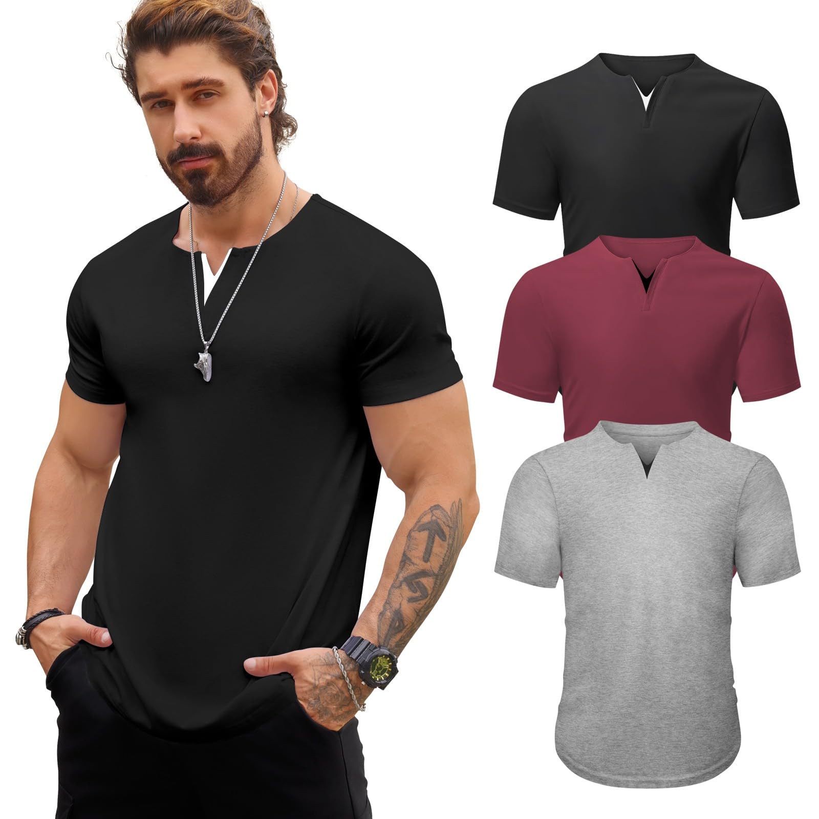 Men's 3 Pack Longline V-Neck T-Shirts - Soft Casual Fashion Tees for Everyday Wear, Gym & Street Style