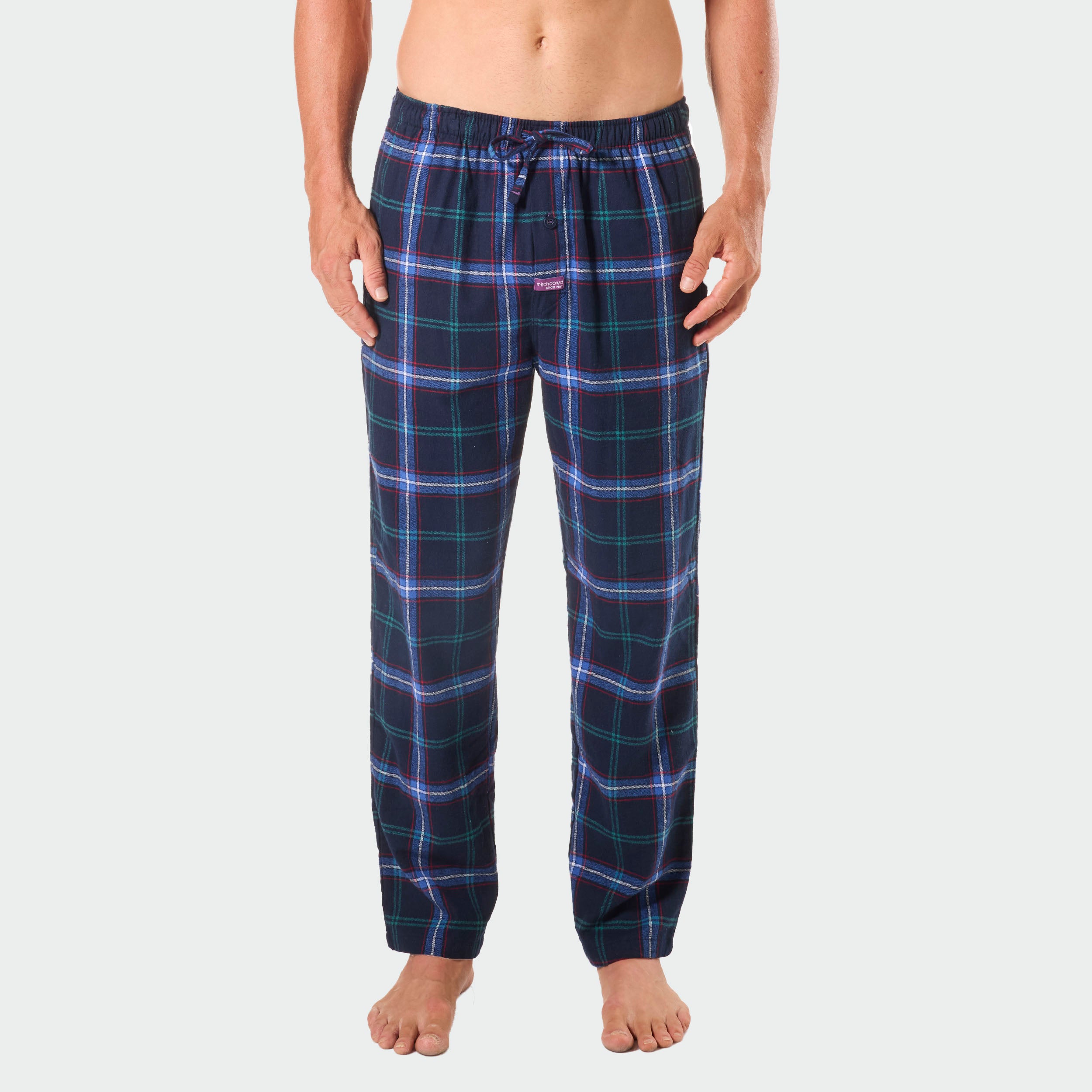 Men's Miles Check Cotton Flannel Sleep Pants - Navy Blue Plaid Lounge Pajama Bottoms for Cozy Nights & Relaxing at Home
