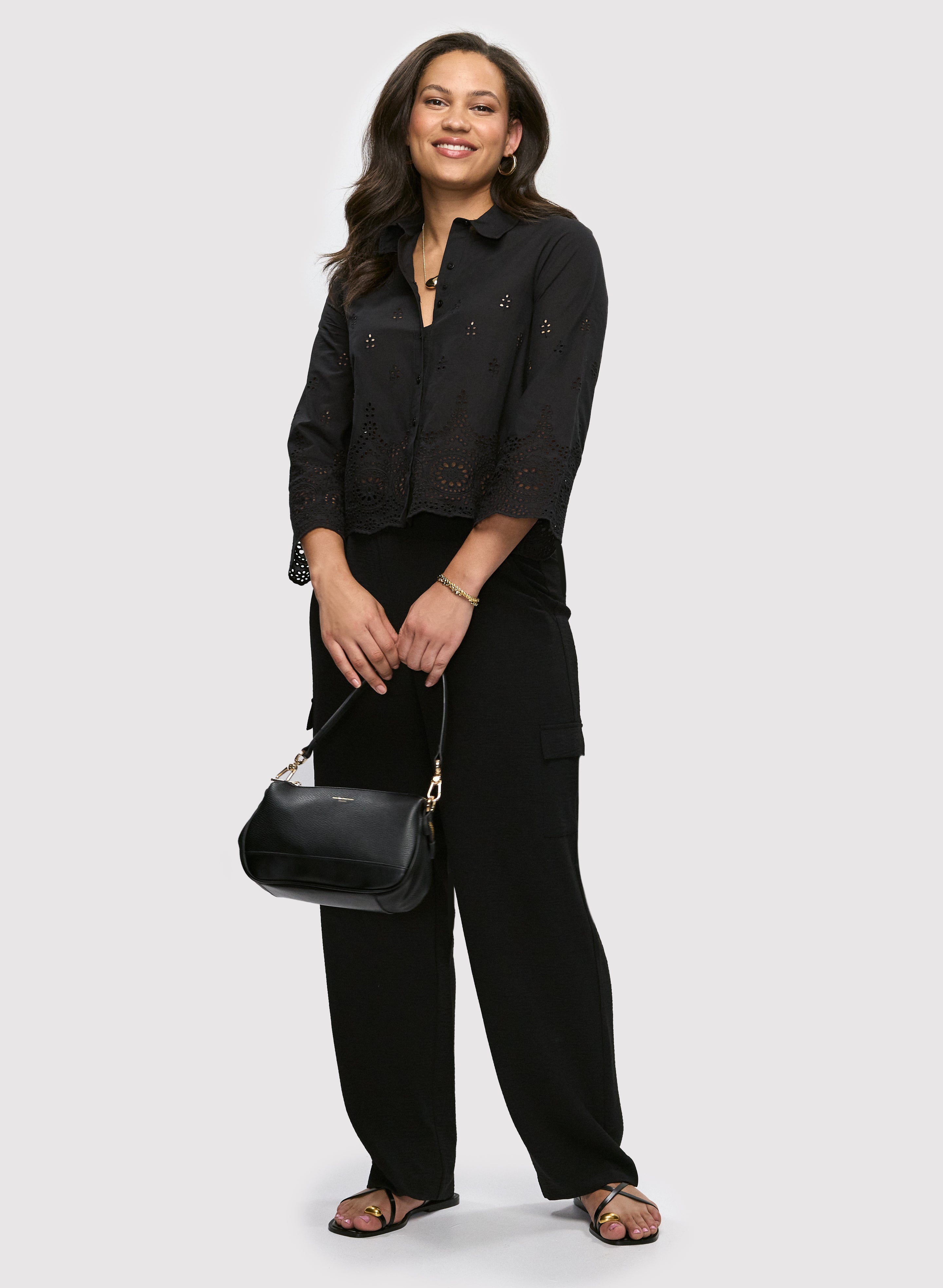 Elegant Eyelet Detail Blouse & Stylish Wide Leg Cargo Pants Set - Women's Fashion Outfit for Casual Wear, Office & Street Style