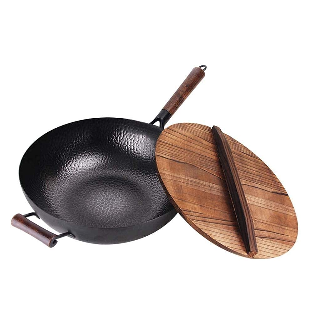 WRMIGN 32CM Cast Iron Wok Pan with Lid - Induction Compatible, Non-Stick Frying Pan for Stir Fry, Deep Frying & Asian Cooking - Perfect for Gas, Electric & Induction Stovetops - Durable Cookware for Home Kitchen & Restaurant Use