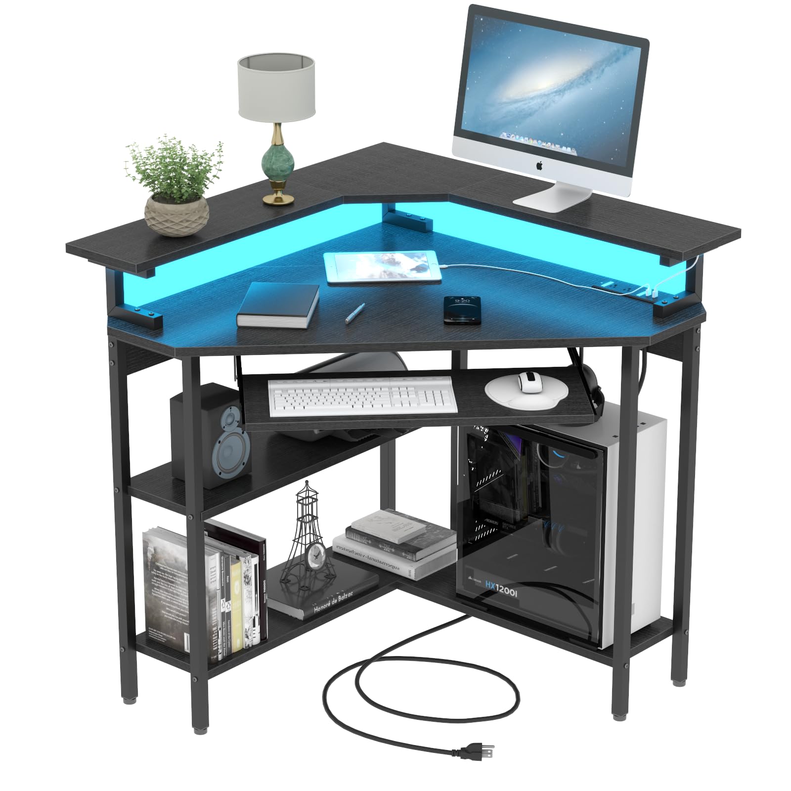 Black Triangle Corner Desk with Charging Station, LED Light & Storage Shelves - Ergonomic Gaming Computer Desk with Monitor Stand & Keyboard Tray for Small Spaces - Perfect for Home Office, Gaming Setup & Compact Workspaces