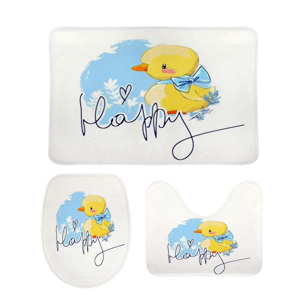 Non-Slip 3-Piece Bathroom Rug Set - Absorbent Coral Fleece Contour Toilet Mat with Lid Cover & Duck Design | Soft Shower Mats for Bath Tub & Close Stool | Perfect for Bathroom Safety & Decor