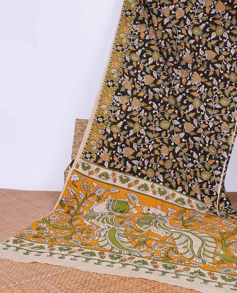 Black Floral Vine Machine Printed Kalamkari Cotton Saree with Contrast Border & Animal Design Pallu - Elegant Traditional Indian Dress for Weddings, Festivals & Special Occasions