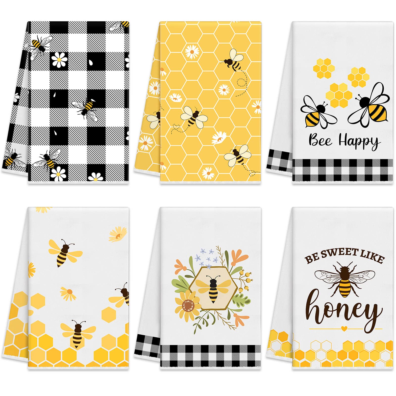 Oudain 6-Pack Honey Bee Kitchen Towels - 15.8x23.6 Inch Absorbent Dish Cloths & Tea Towels - Cute Bee-Themed Home Decor for Kitchen, Bathroom - Perfect Housewarming Gift for Bee Lovers (Use for Drying Dishes, Decorating Farmhouse Kitchen, Hostess Gifts)
