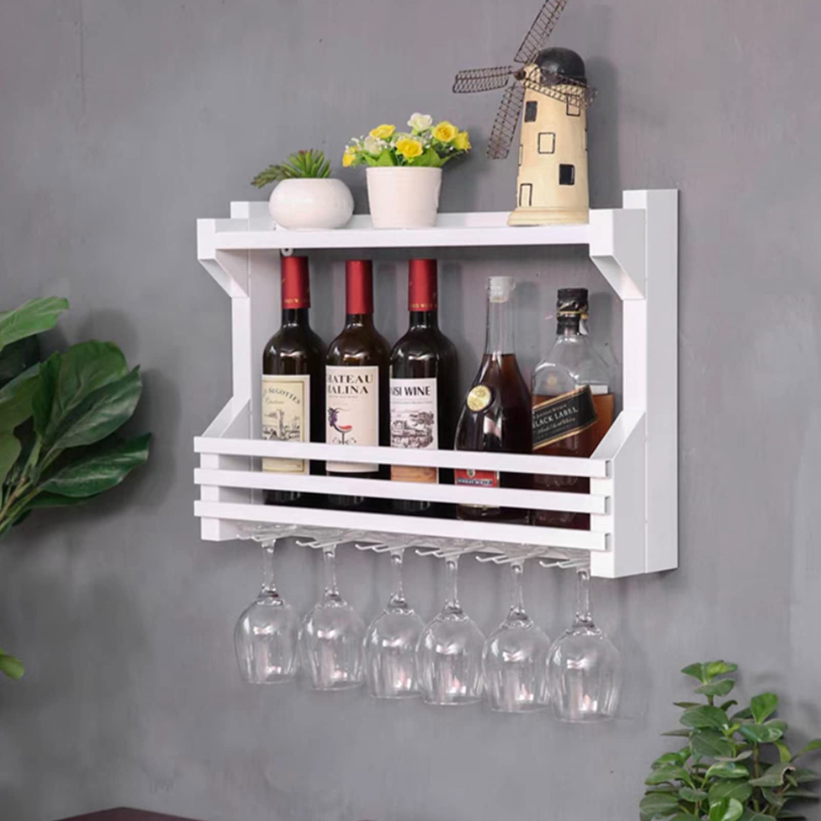 Rustic Metal Wall Mounted Wine Rack with 6-10 Stem Glass Holder - 39 Inch 2-Tier Industrial Wine Bottle Storage & Wood Shelves - Perfect for Kitchen, Bar, Dining Room, and Home Decor