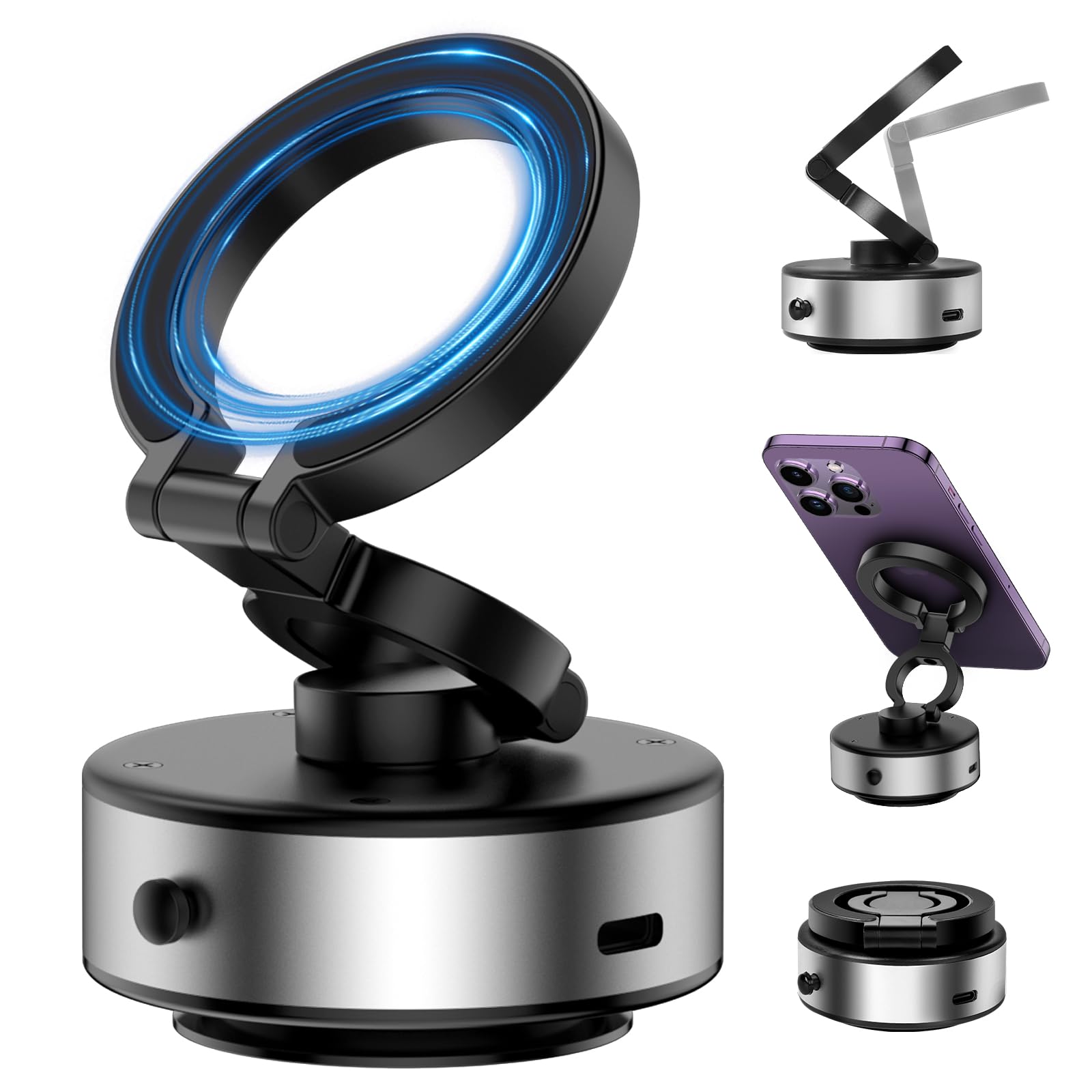 360° Rotating Magnetic Car Phone Holder - Strong Vacuum Suction Mount for iPhone, Samsung & All Smartphones | Universal Dashboard & Windshield Mount | Perfect for GPS Navigation & Hands-Free Driving (Silver Upgraded)