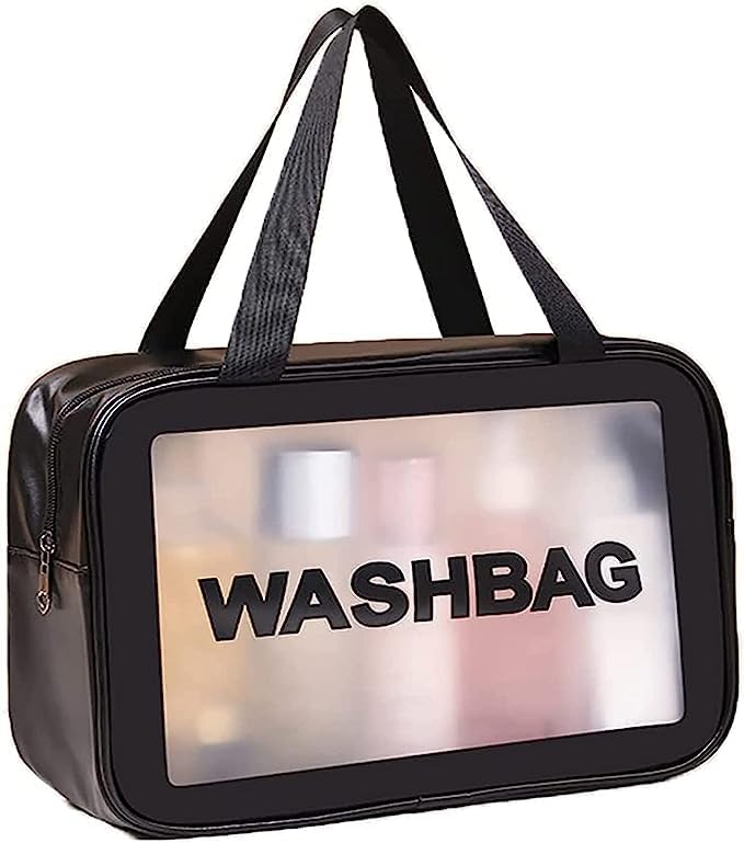 Waterproof PVC Clear Toiletry Bag with Zipper - Travel Cosmetic Makeup Organizer for Women & Men - Perfect for Gym, Beach, Camping & Airplane Carry-On (Black)