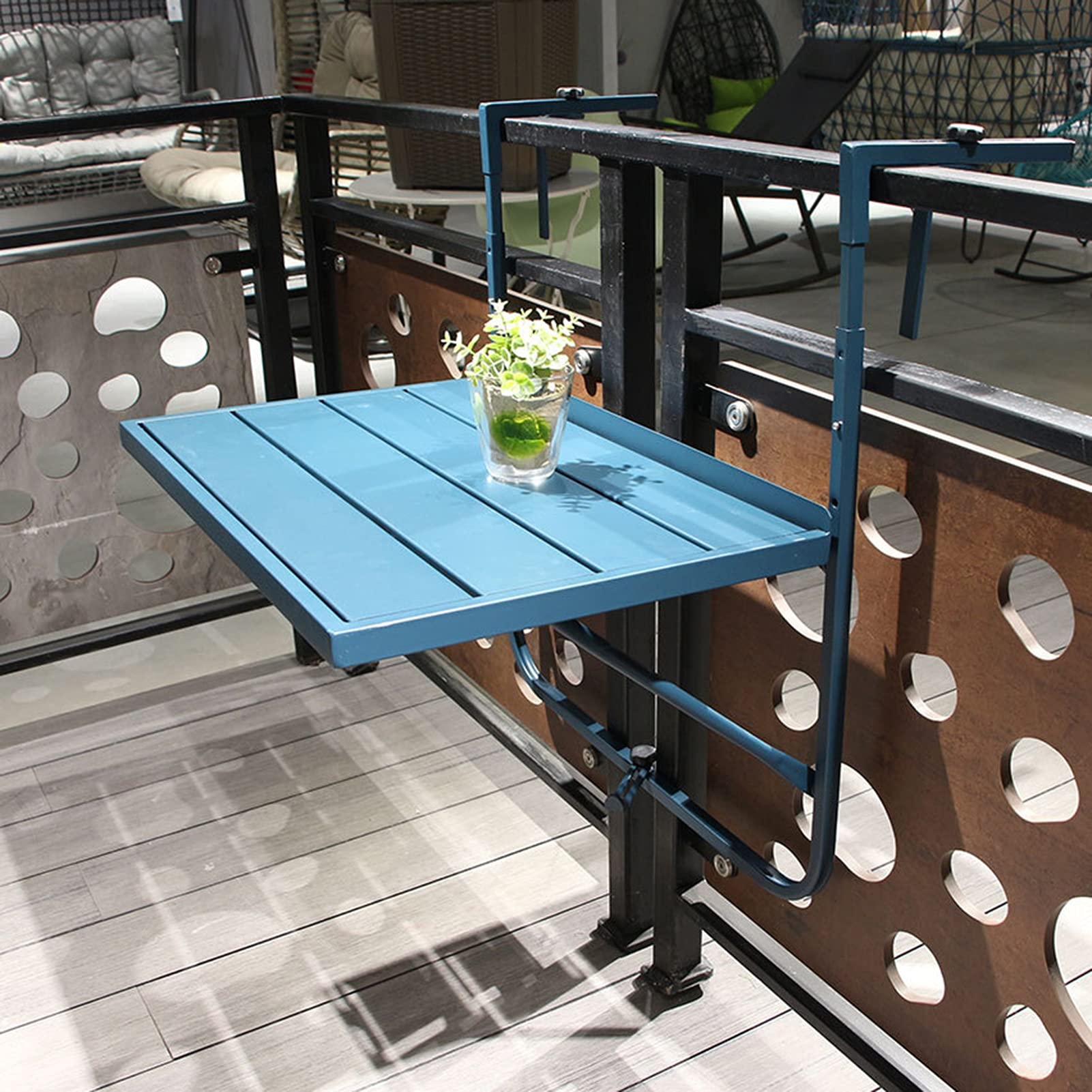 Adjustable Height Folding Metal Drop Leaf Desk - Balcony Hanging Table for Small Spaces, Waterproof Floating Dining Table with Bracket - Perfect for Apartments, Patios & Outdoor Use (Blue)
