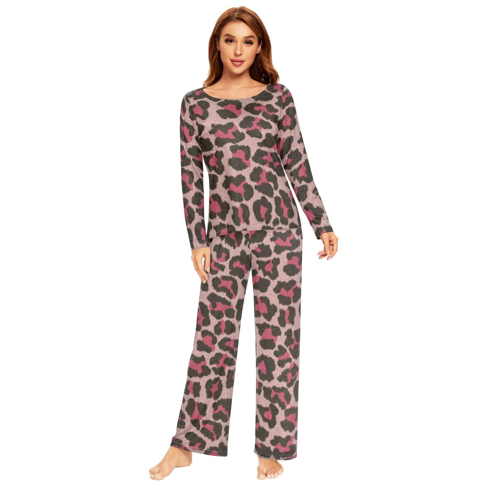 **KFBE Women's Pink Leopard Print Pajama Set - Long Sleeve Sleepwear Top & Pants Lounge Set 20801005 | Cozy Nightwear for Relaxing at Home, Sleepovers & Gifts**