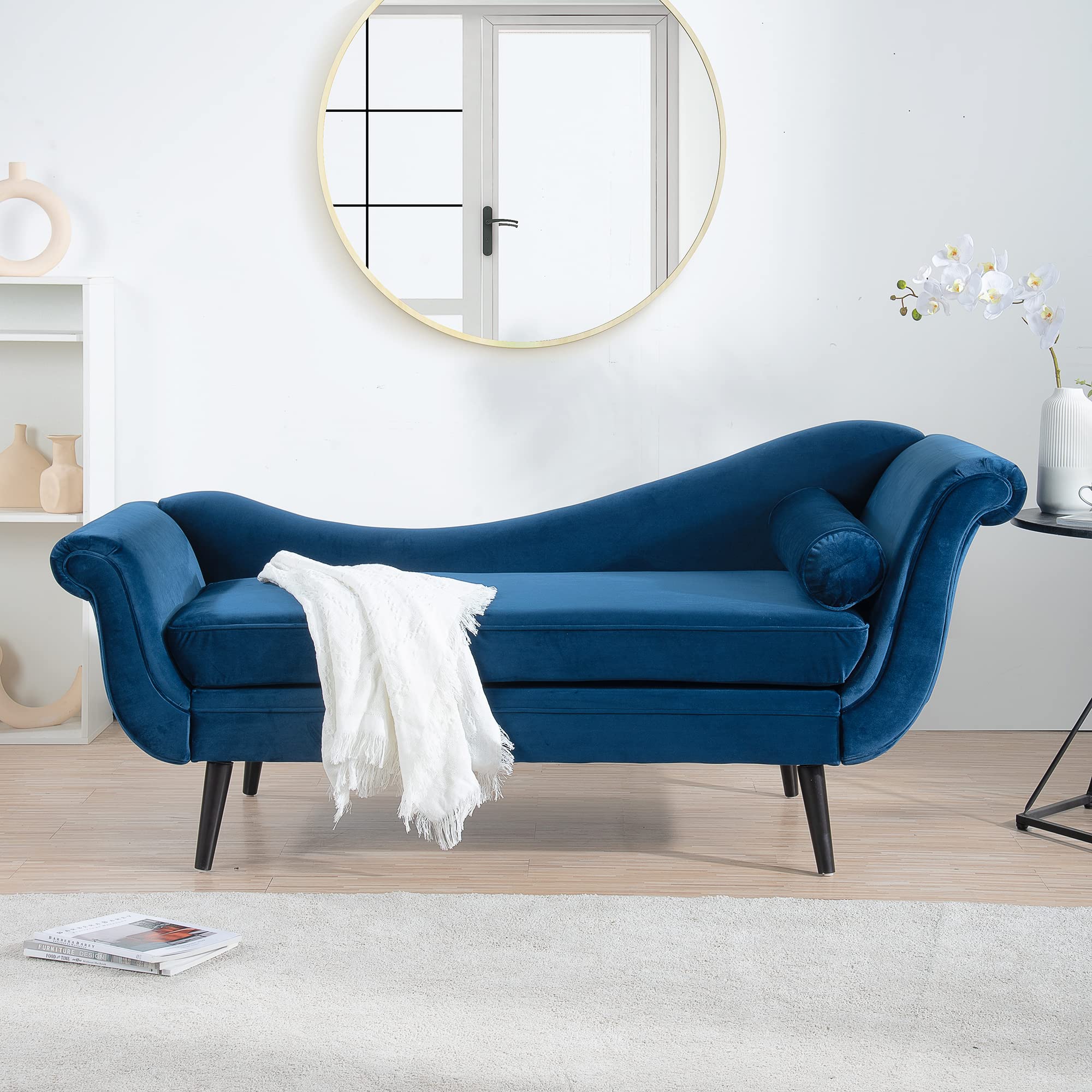 Bellemave Modern Upholstered Chaise Lounge Chair with Scroll Arms - Convertible Sleeper Sofa Bed for Living Room, Bedroom & Apartment - Soft Fabric Blue Chaise - Perfect for Relaxing, Reading & Small Space Living