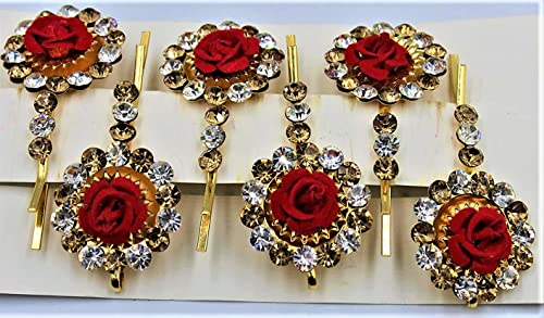 AB Beauty House Barrettes Hair Clips for Women & Girls - 6 Pack Pearl Design Hairpins with Red & White Stones | Perfect for Weddings, Parties & Everyday Styling