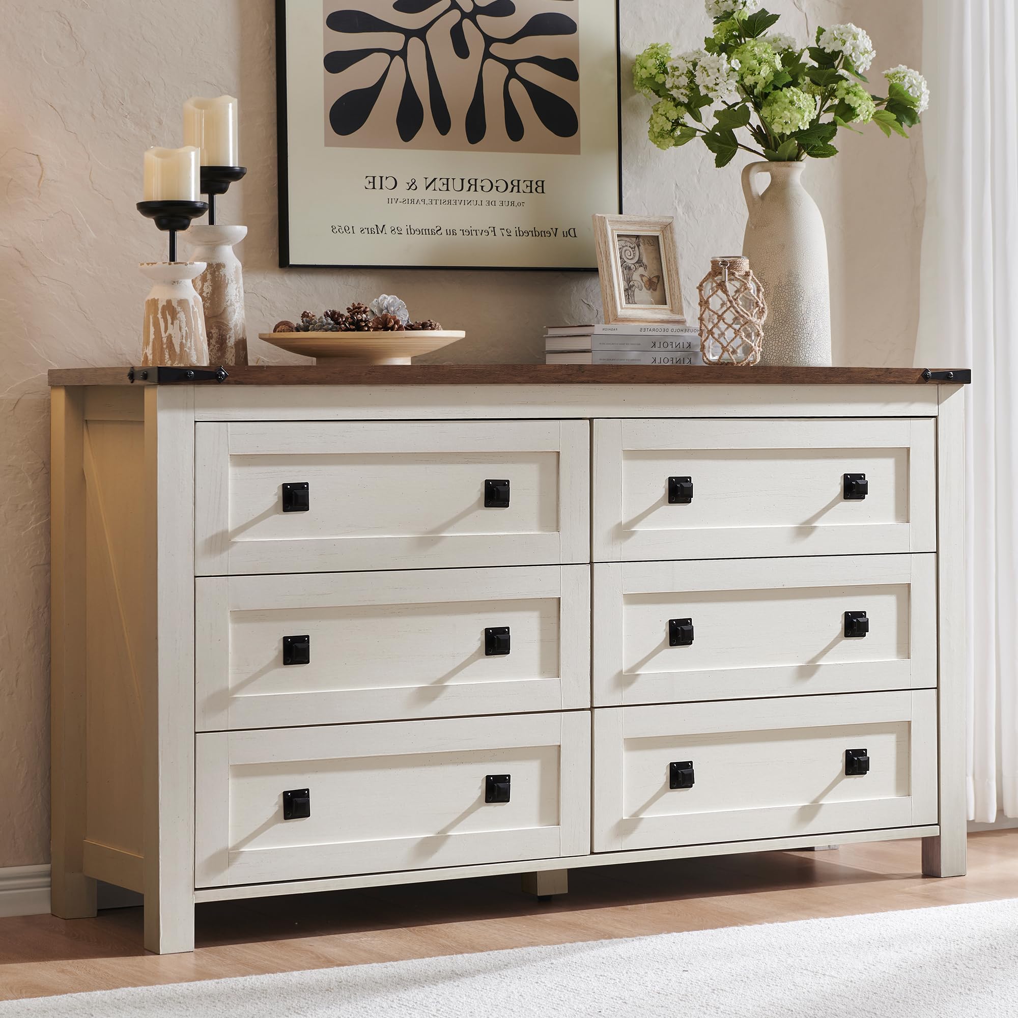 Rustic Wood Dresser - 6 Drawer Farmhouse Chest for Bedroom & Living Room Storage