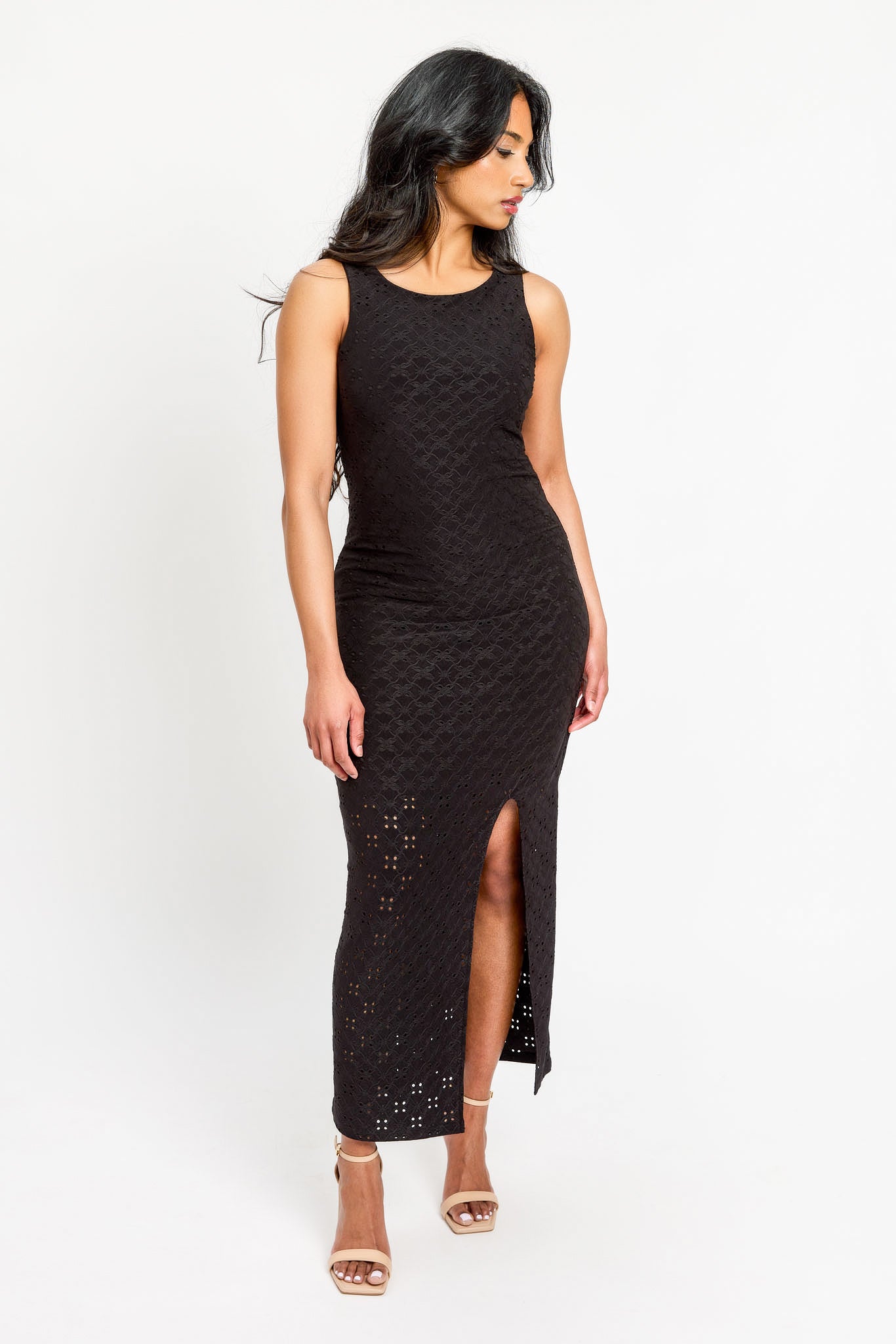 Eyelet Sleeveless Bodycon Maxi Dress for Women - Summer Boho Beach Dress, Party & Evening Gown, Floral Lace Trim Formal Dress