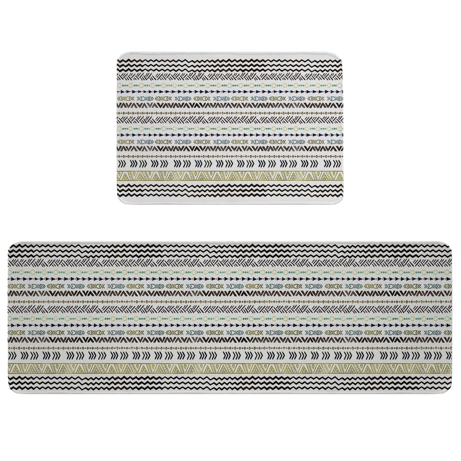 Anti-Fatigue Kitchen Mats Standing Rugs Set of 2 - Non-Slip Cushioned Floor Mat with Bohemian Black White Stripe Ethnic Design - Washable Geometric Pattern Runner for Kitchen, Bedroom & Office - Comfortable Support for Long Standing Hours