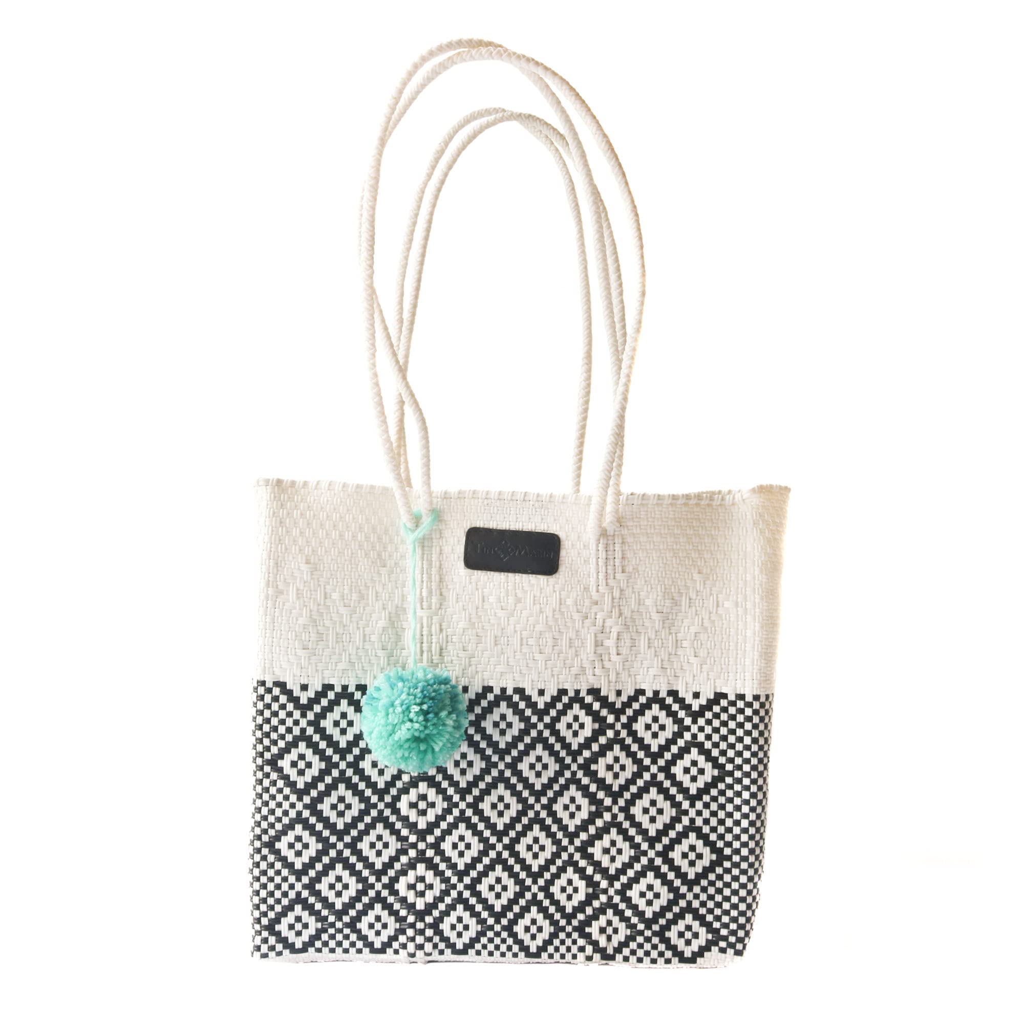 Stylish Tin Marin White Handwoven Plastic Tote Bag with Extra Long Handles - Mexican Woven Beach Bag for Summer, Travel & Shopping | Durable Leather Finishes for Daily Use