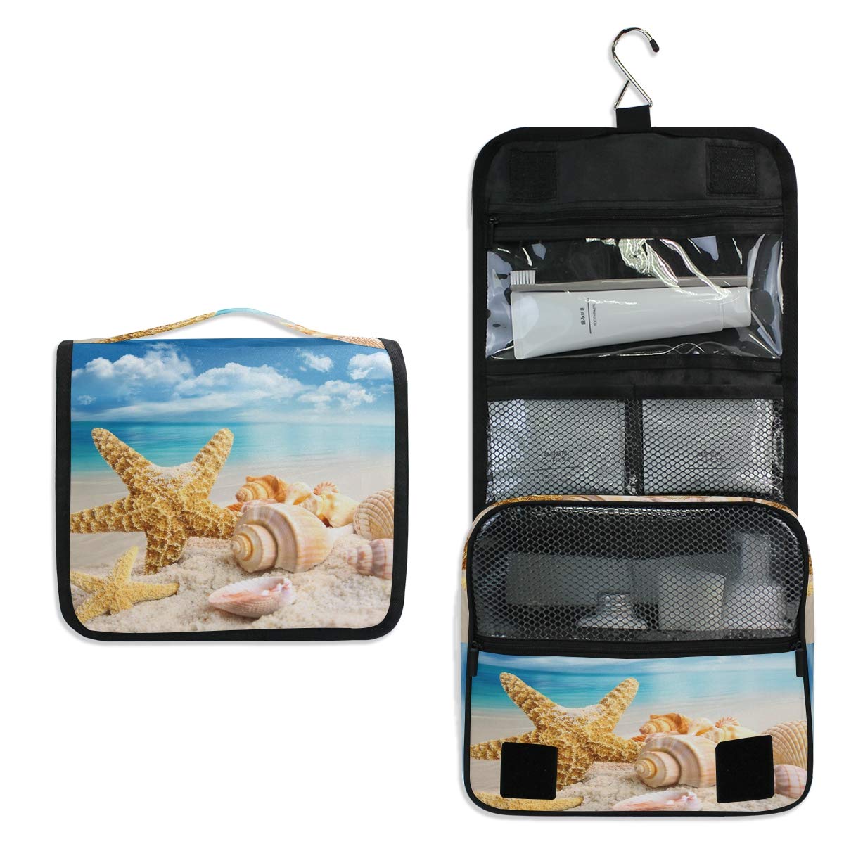 **AGONA Hanging Toiletry Bag – Waterproof Travel Organizer for Women & Men, Portable Cosmetic & Makeup Bag with Sturdy Hook – Perfect for Beach Trips, Camping, Gym & Bathroom Storage (Blue Sky Starfish Seashell Design)**