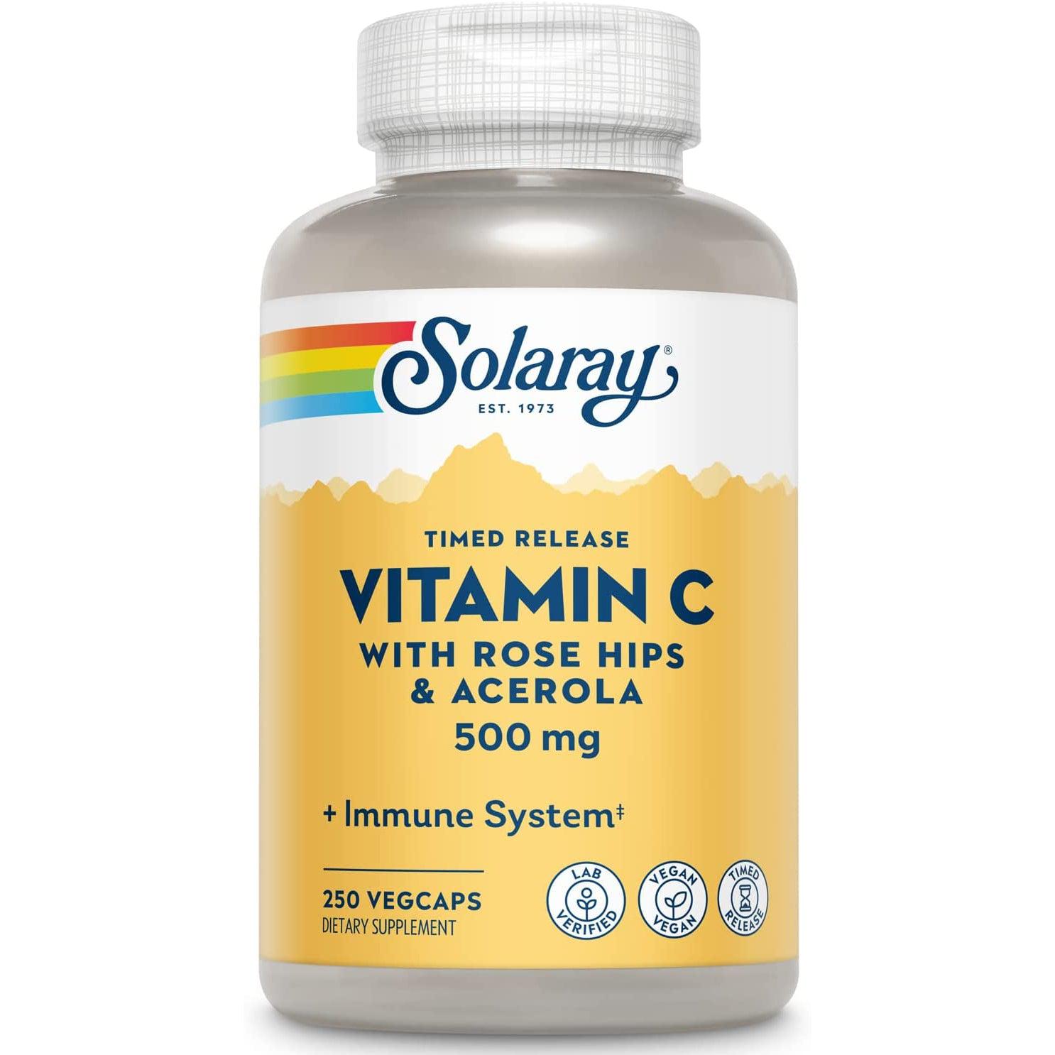 Solaray Vitamin C 500mg with Rose Hips & Acerola - Timed Release Supplement for Immune Support & Antioxidant Protection | Daily Wellness & Immune Boost