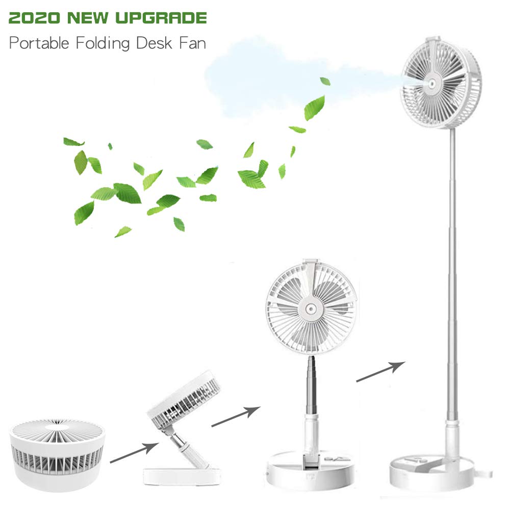 Portable Stand Up Fan with 7200mAh Battery - 4 Speed Adjustable, Super Quiet, Folding & Telescopic Design - Desk Fan with Humidifying Water Spray Function - Perfect for Office, Home, Outdoor & Camping Use