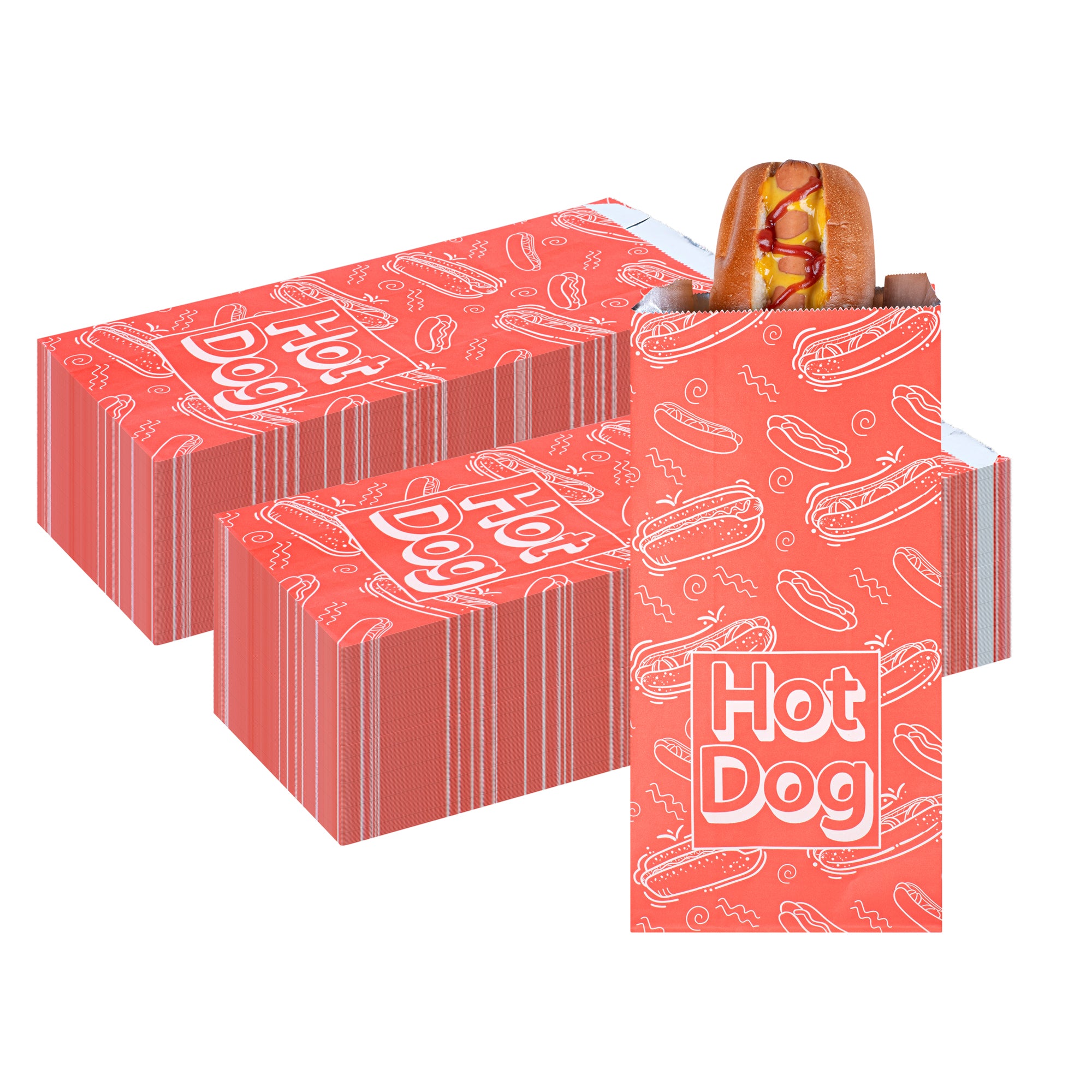 Red Printed Hot Dog Foil Bags - 5.5 x 3.25 x 12 Inches (100 Count) | Food Safe, Grease Resistant | Perfect for Food Trucks, Concessions & Party Catering