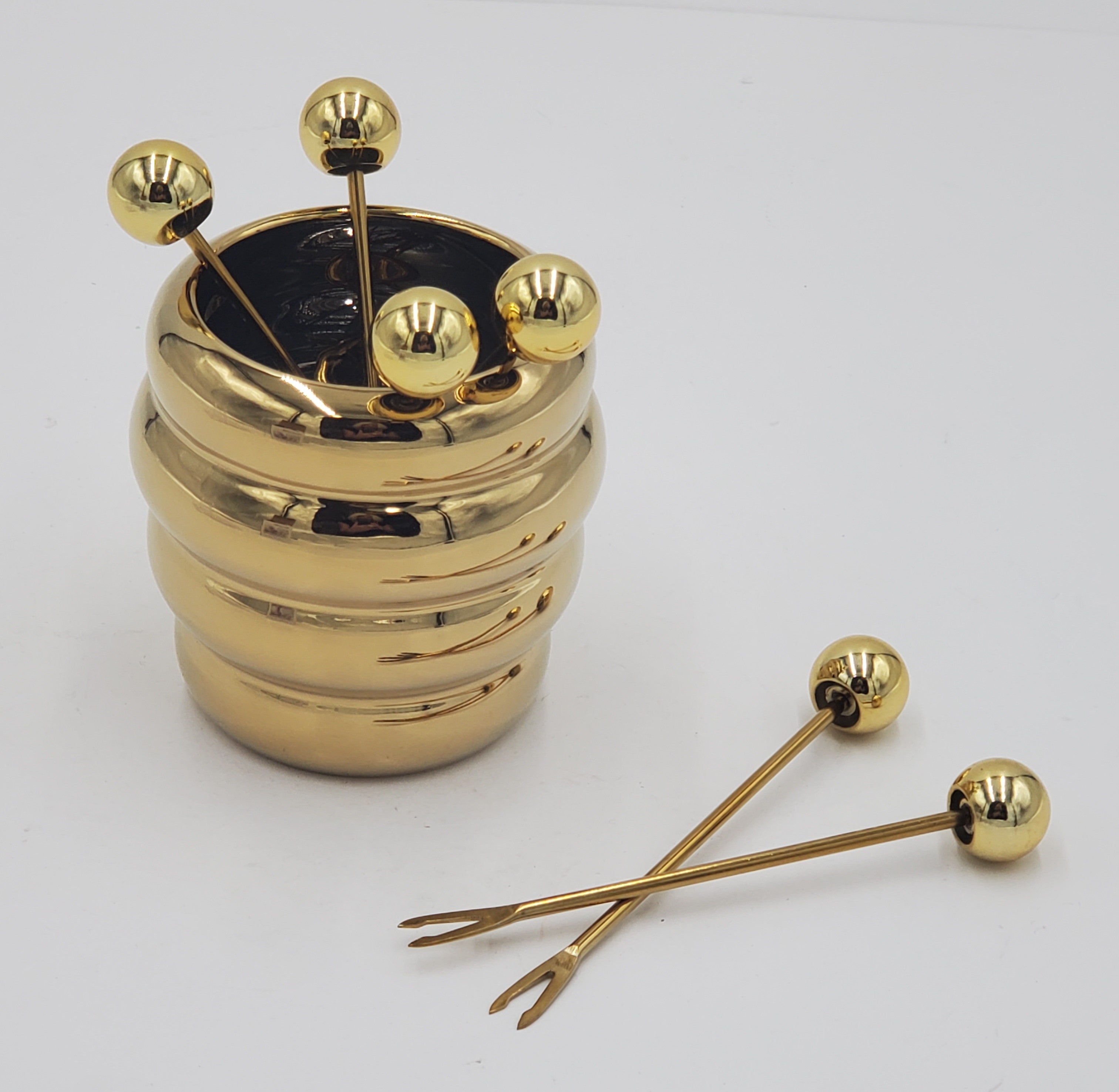 6-Piece Gold Appetizer Picks with Holder - 3.5x2.5 Inch Elegant Cocktail Toothpicks for Parties, Weddings & Hors d'Oeuvres