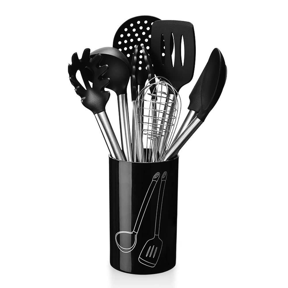 8-Piece Silicone Cooking Utensil Set with Holder - Heat Resistant Kitchen Tools with Stainless Steel Handles for Nonstick Cookware - Perfect for Baking, Frying & Everyday Cooking