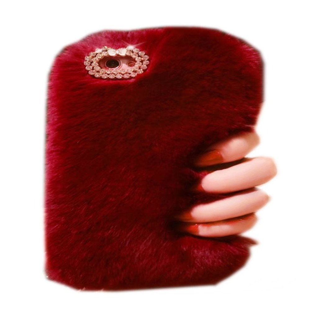Luxury Bling Diamond Bowknot Furry Case for iPad 6/iPad Air 2 - Winter Warm Beaver Rex Rabbit Fur Cover (Wine Red) | Perfect for Women's Fashion Accessories, Gift Giving & Cold Weather Protection