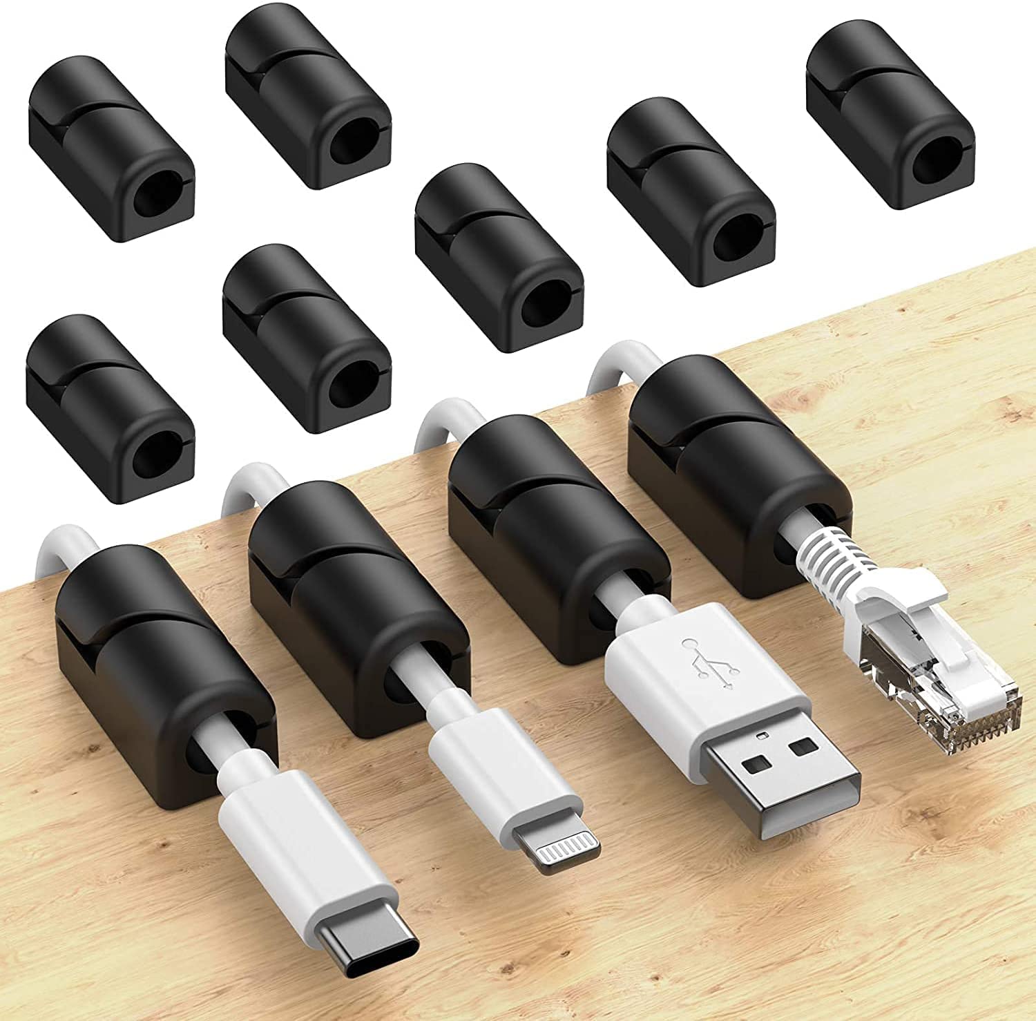 SOULWIT 20 Pack Black Self Adhesive Cable Clips - Sticky Silicone Cord Organizer for USB Charging Cables, Power Wires - Perfect for Desktop, Nightstand, PC, Office & Home Organization