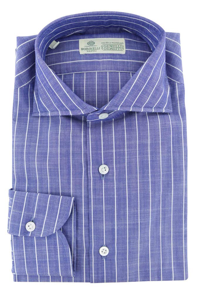 Luigi Borrelli Men's Blue Striped Slim Fit Cotton Dress Shirt - Spread Collar Button Down Shirt Size 15 Small | Perfect for Business Meetings, Weddings & Formal Occasions
